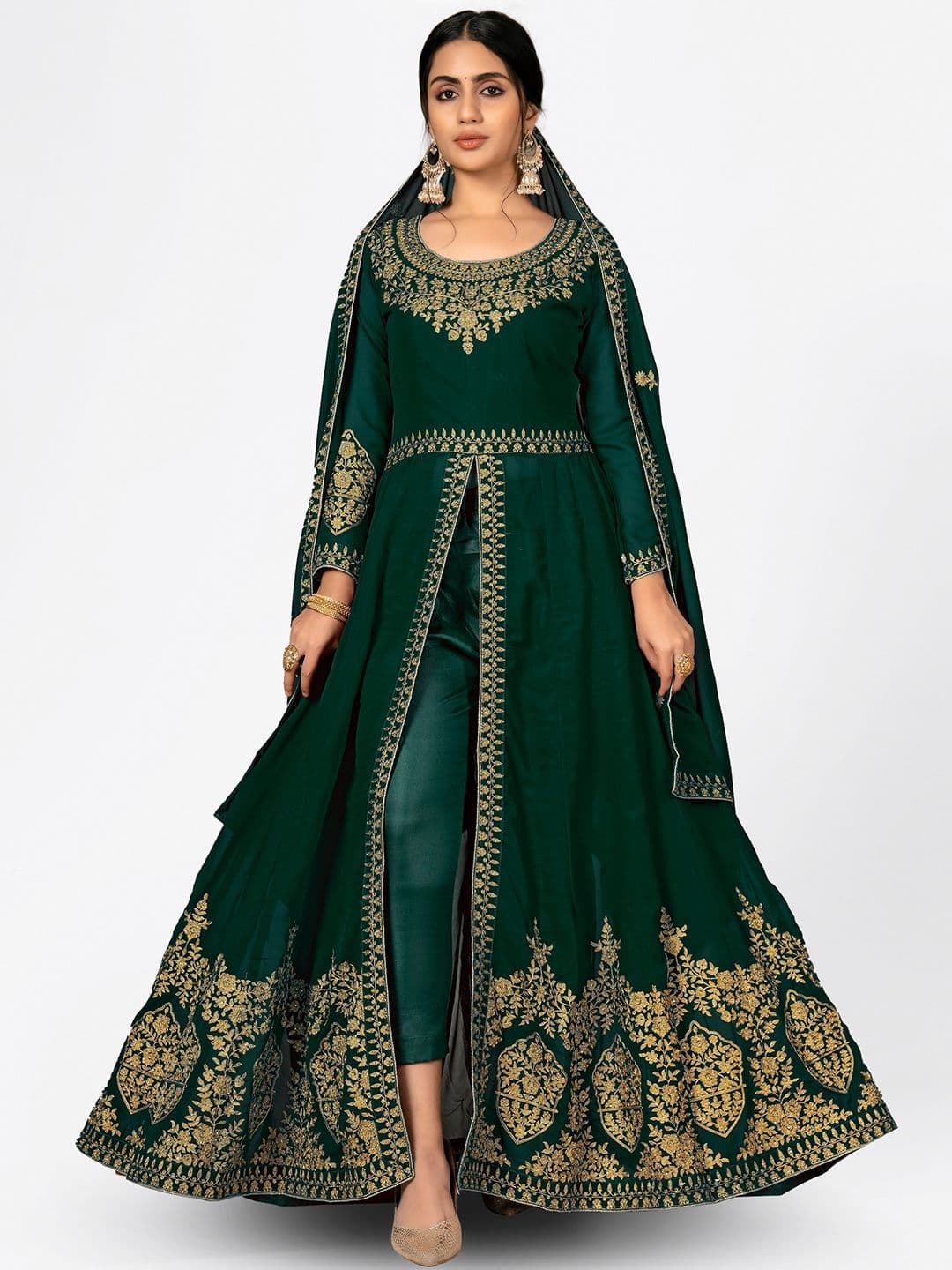Green & Gold-Toned Embroidered Unstitched Dress Material