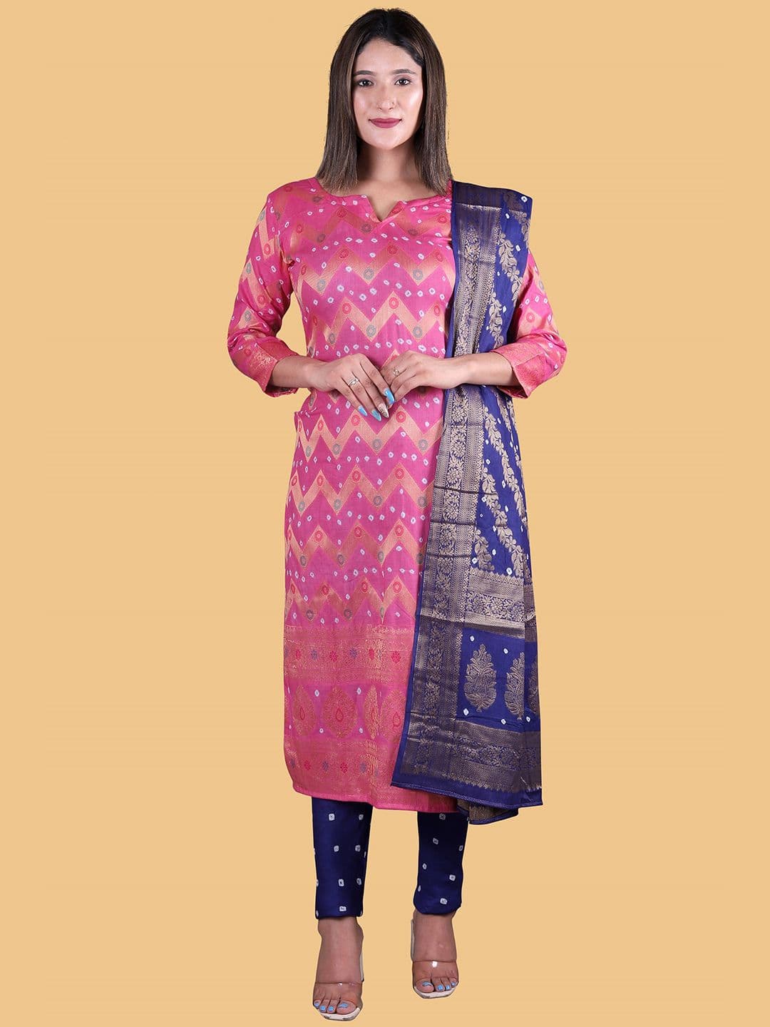 Women Pink & Blue Pure Cotton Unstitched Dress Material