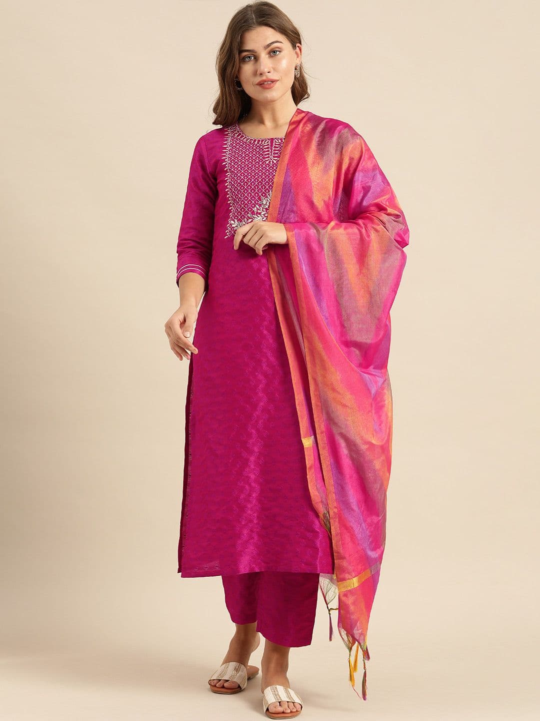 Embroidered Yoke Design Jacquard Kurta with Trousers & Dupatta