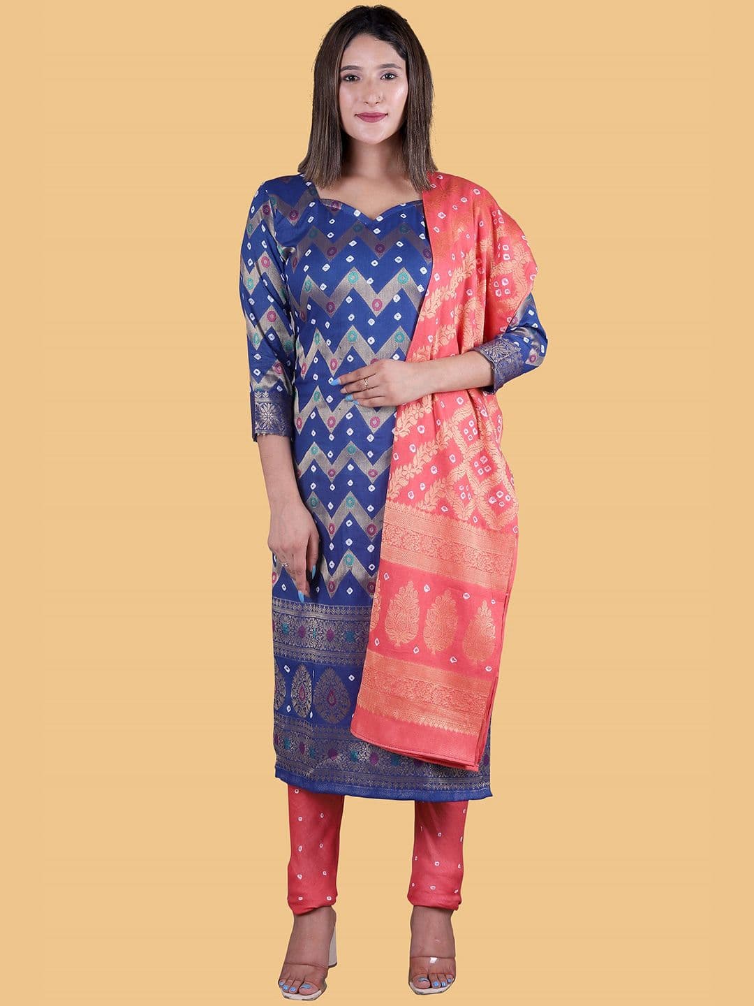 Blue & Pink Dyed Pure Cotton Unstitched Dress Material