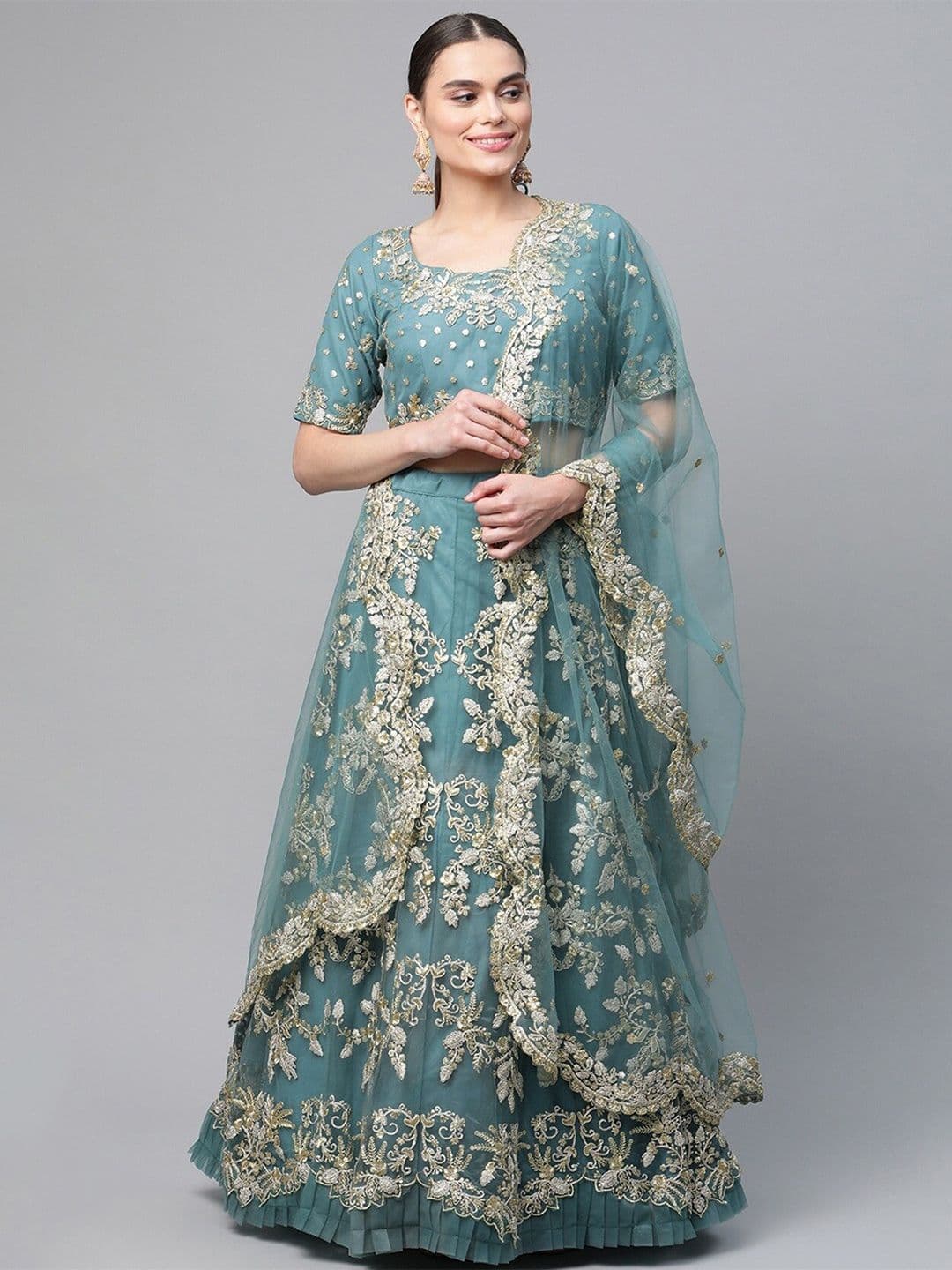 Embroidered Semi-Stitched Lehenga Choli With Dupatta – Turquoise Blue