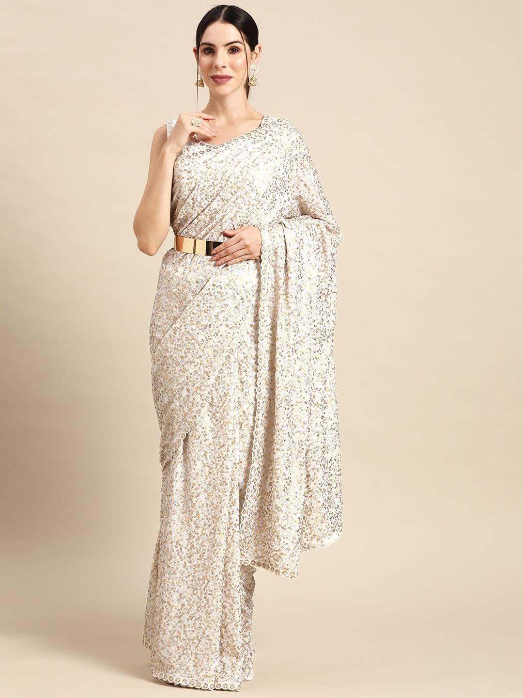 Embellished Sequinned Saree Off White