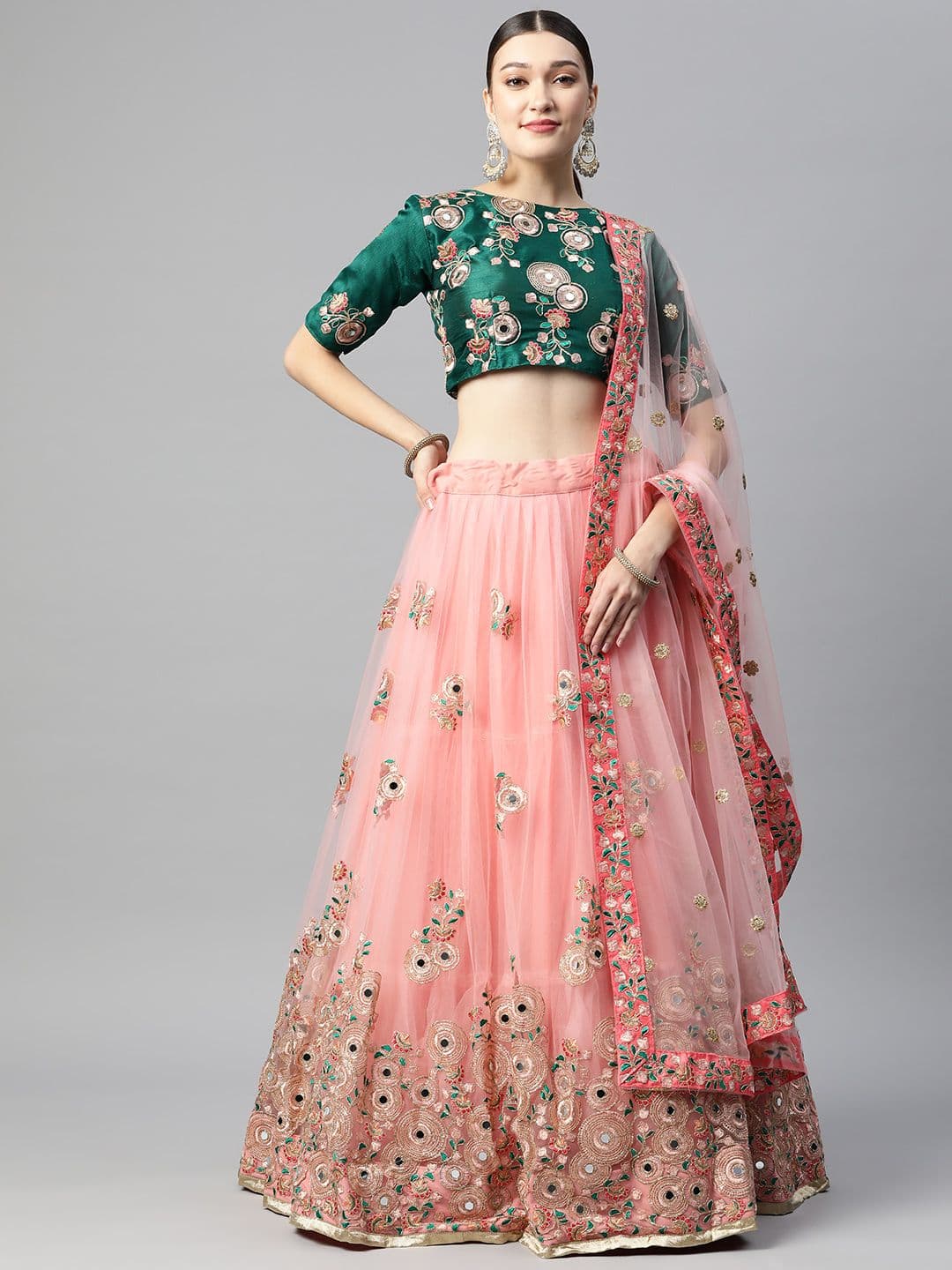 Pink & Green Embroidered Unstitched Lehenga Choli