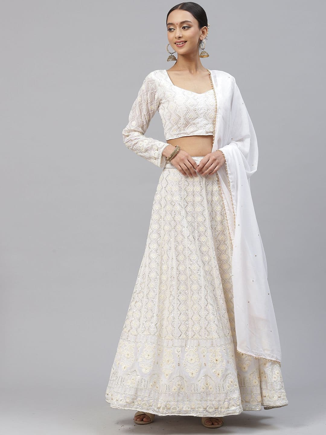 White Embroidered Sequinned Semi-Stitched Lehenga & Unstitched Blouse With