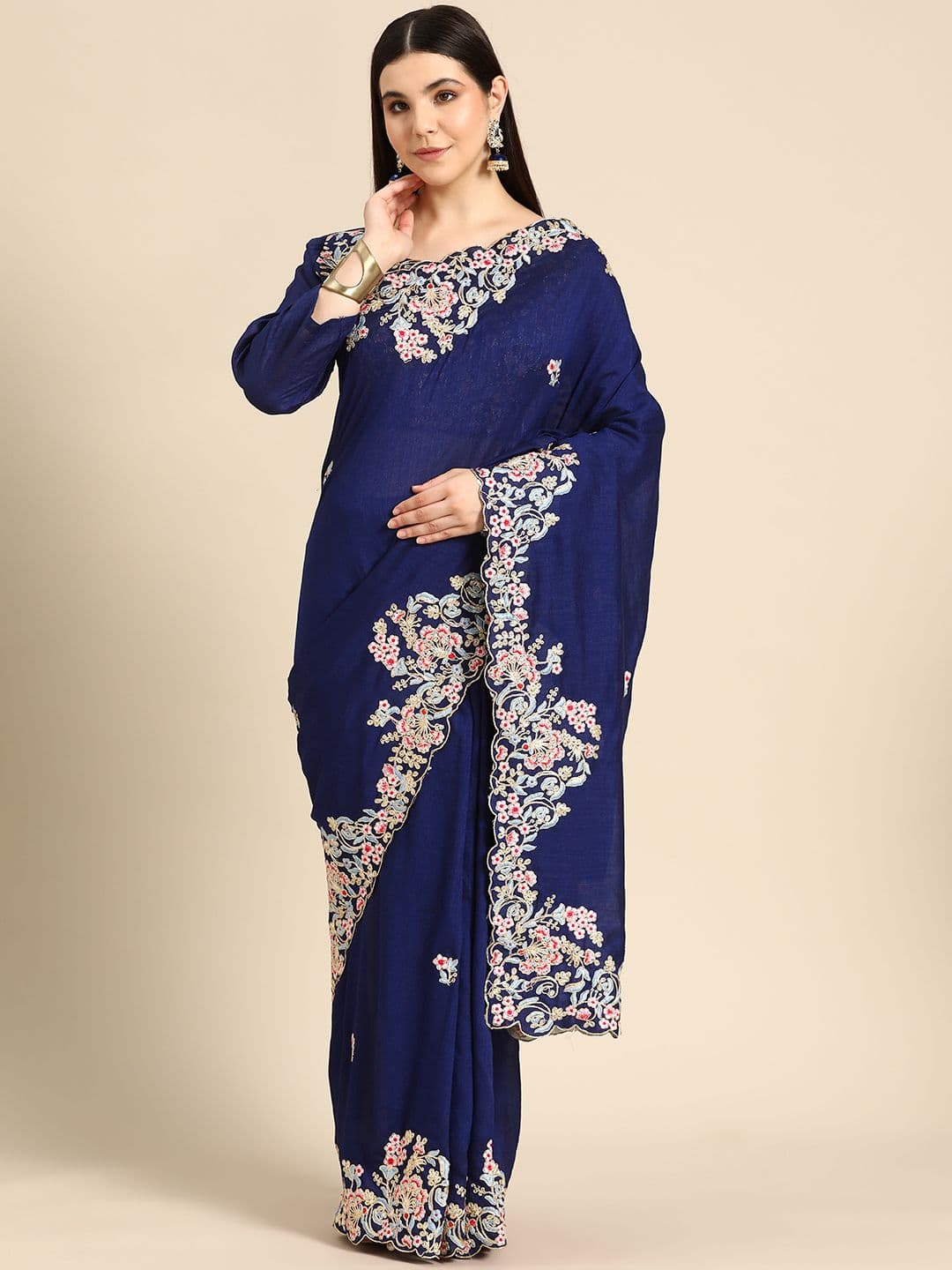Floral Embroidered Saree Blue