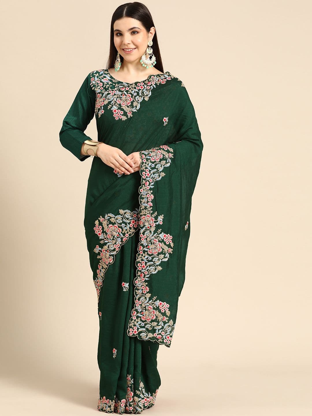 Floral Embroidered Saree Green