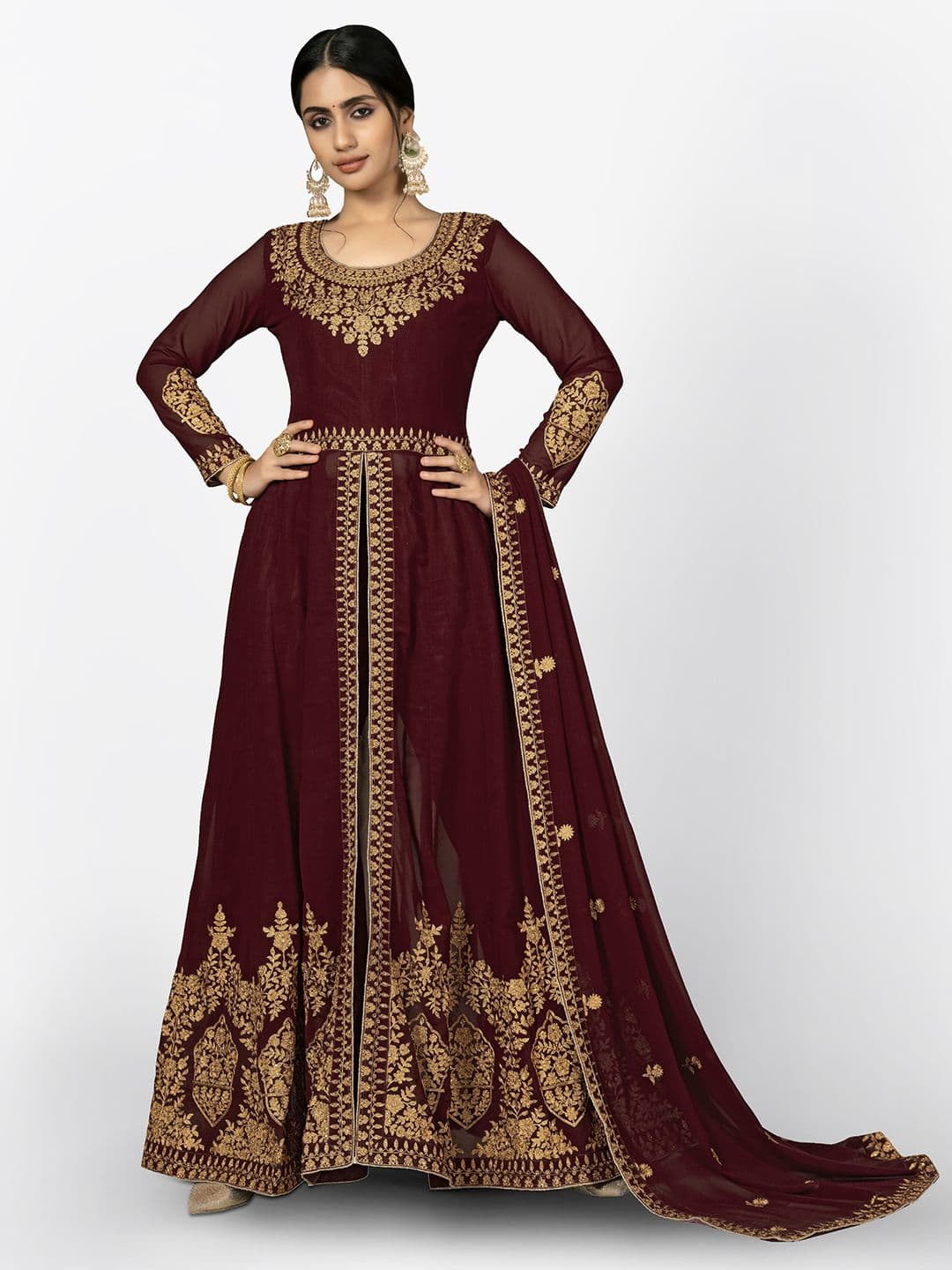 Maroon & Gold-Toned Embroidered Unstitched Dress Material