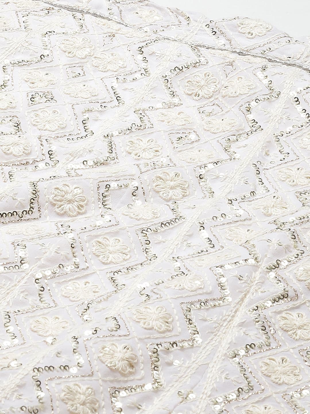 White Embroidered Sequinned Semi-Stitched Lehenga & Unstitched Blouse With view 3