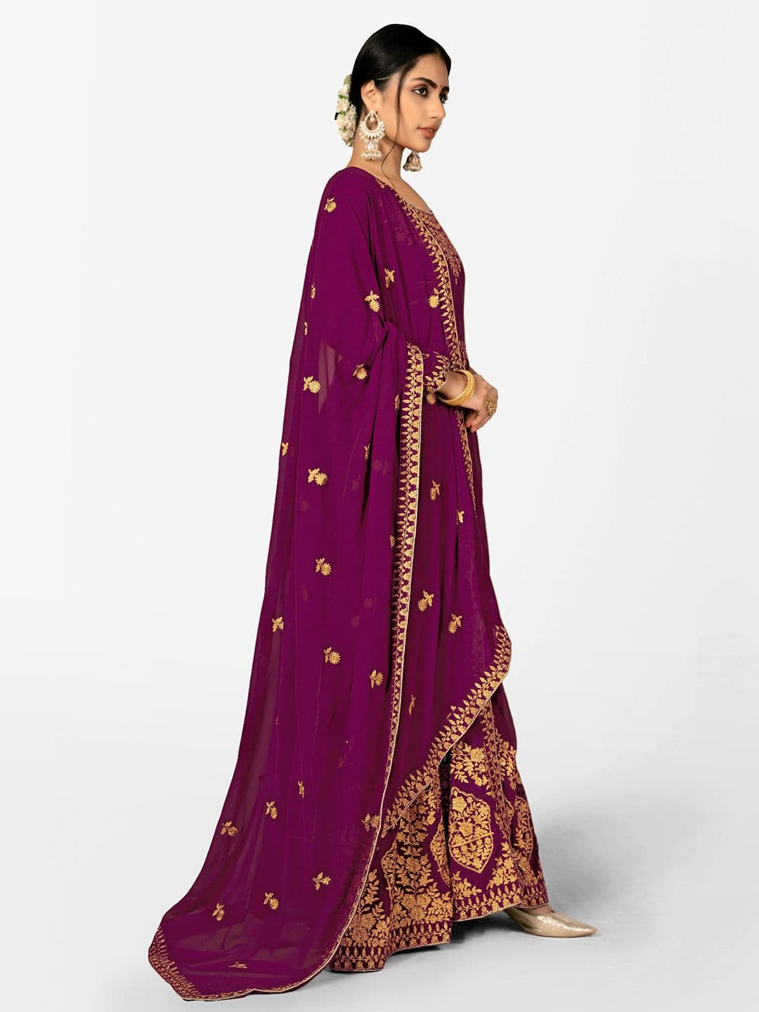 Purple & Gold-Toned Embroidered Unstitched Dress Material view 2