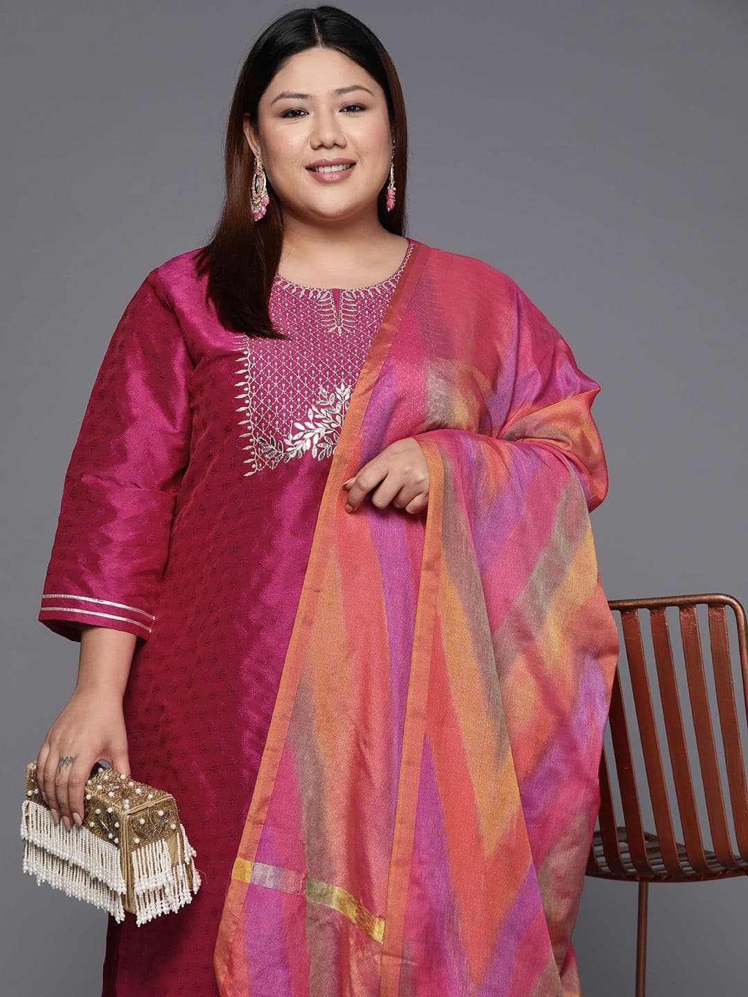 Women Magenta Floral Embroidered Kurta with Trousers & Dupatta