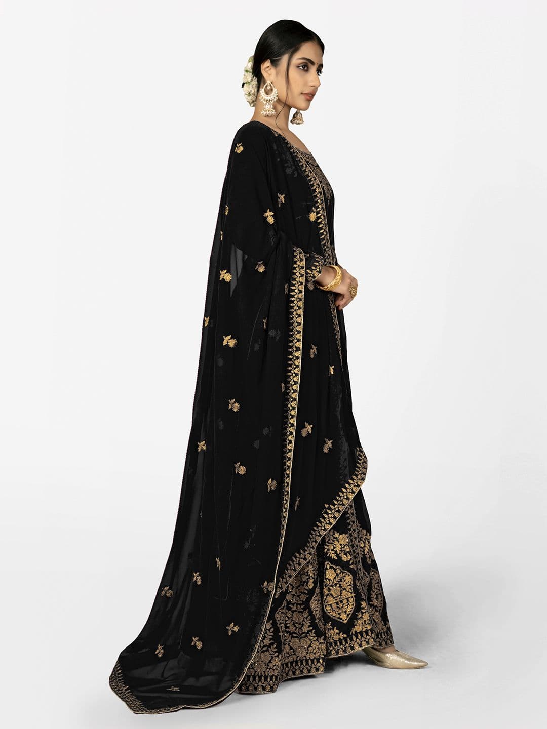 Black & Gold-Toned Embroidered Unstitched Dress Material view 2