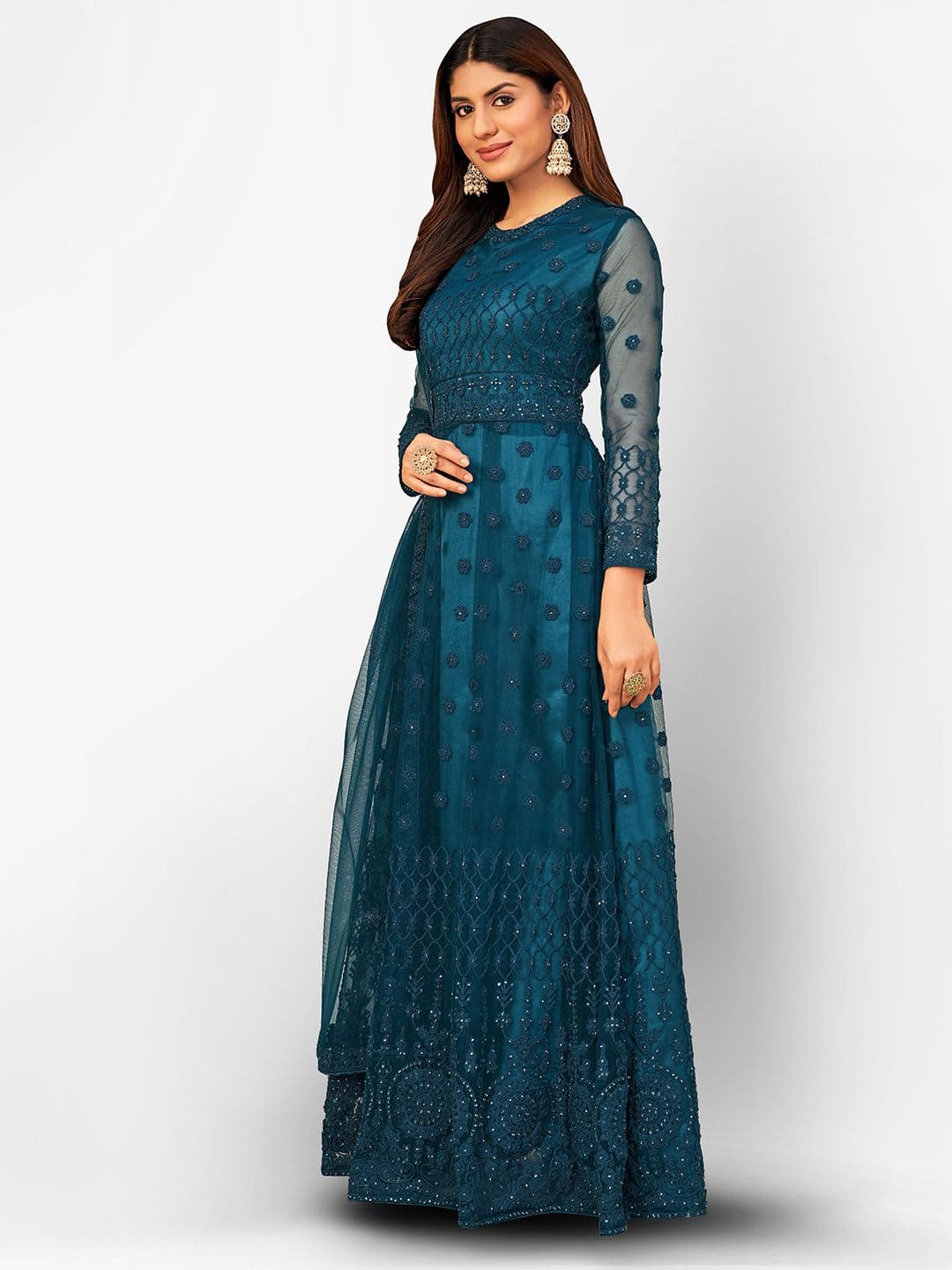 Turquoise Blue Embroidered Unstitched Dress Material view 4