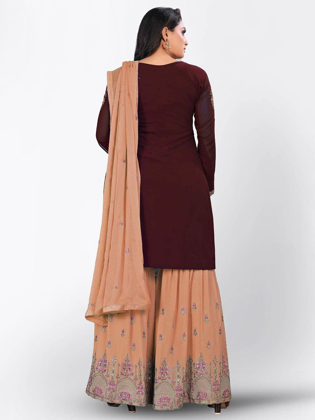 Brown & Peach-Coloured Embroidered Unstitched Dress Material view 3