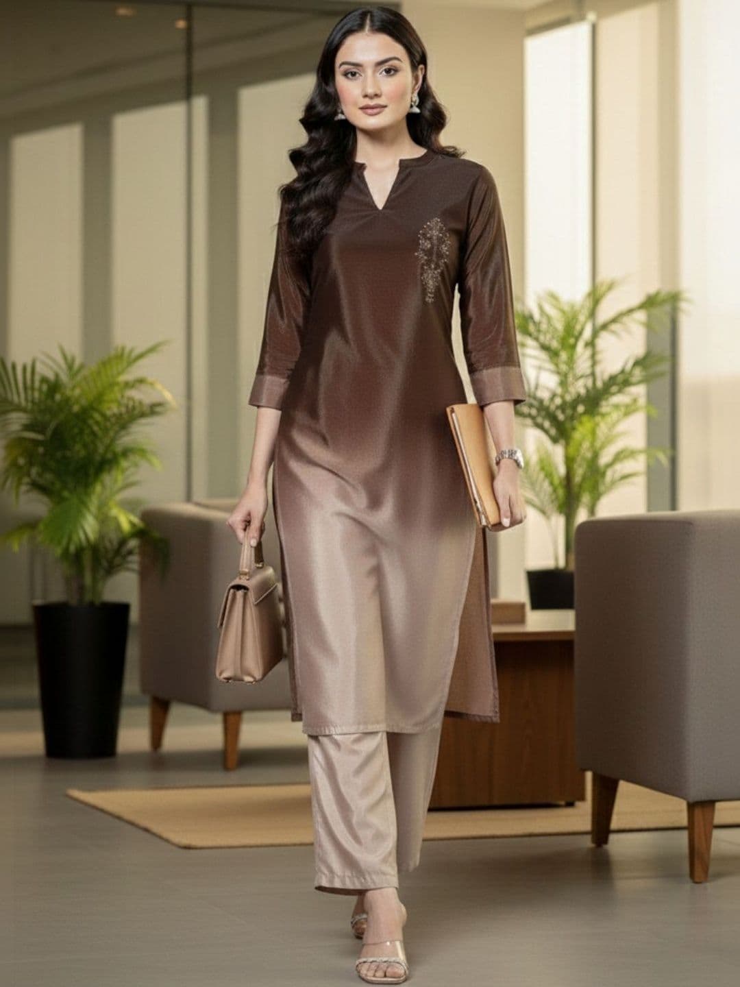Women Ombre Dyed Regular Thread Work Kurta with Trousers view 5