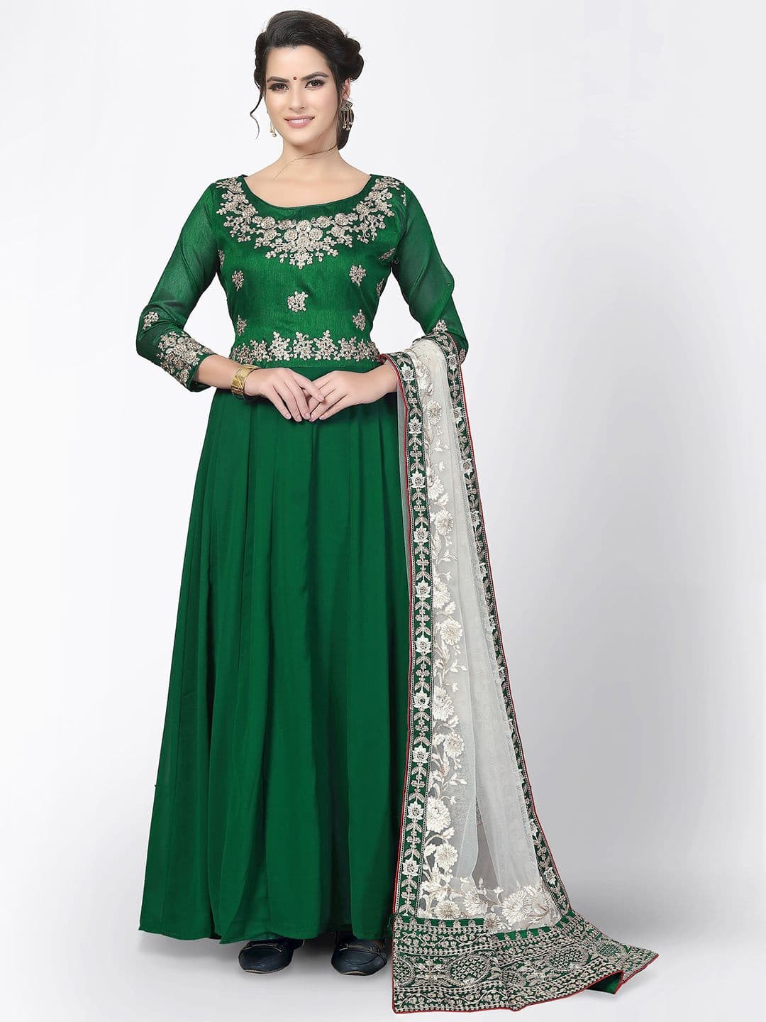 Green & White Embroidered Unstitched Dress Material