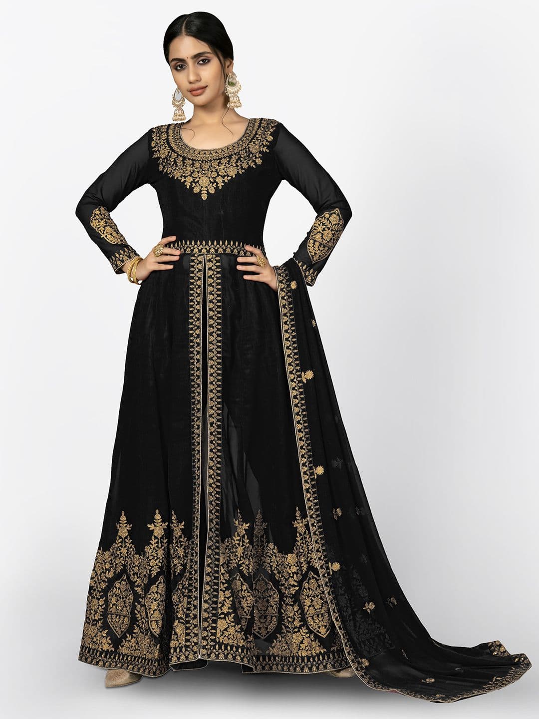 Black & Gold-Toned Embroidered Unstitched Dress Material