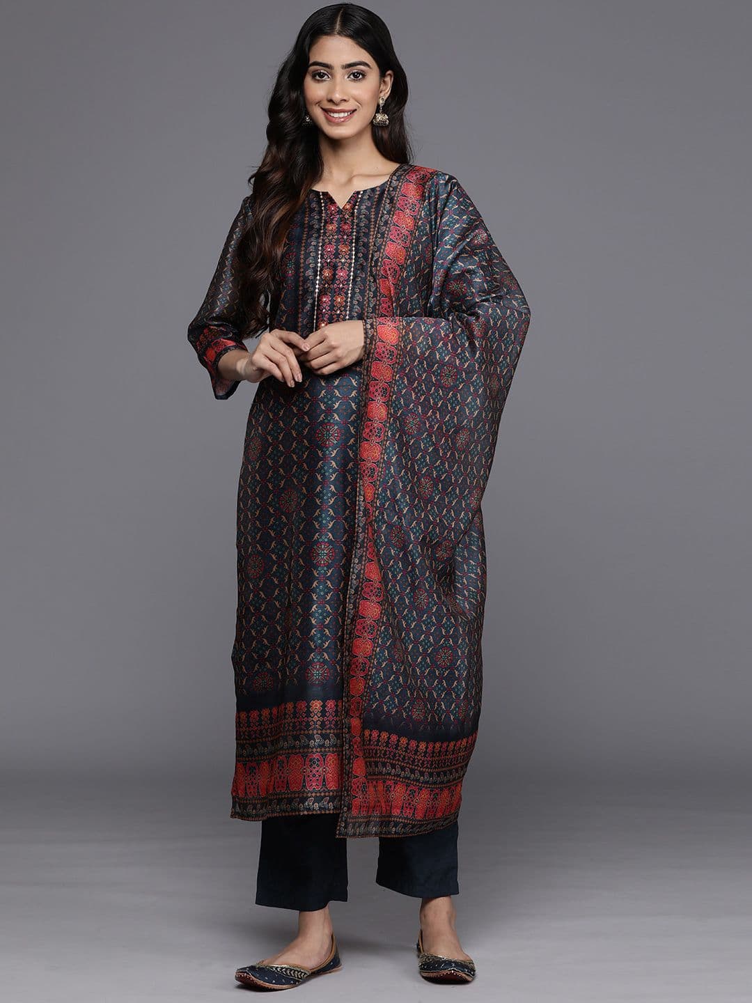 Floral Printed Regular Sequinned Chanderi Silk Kurta with Trousers & With Dupatta