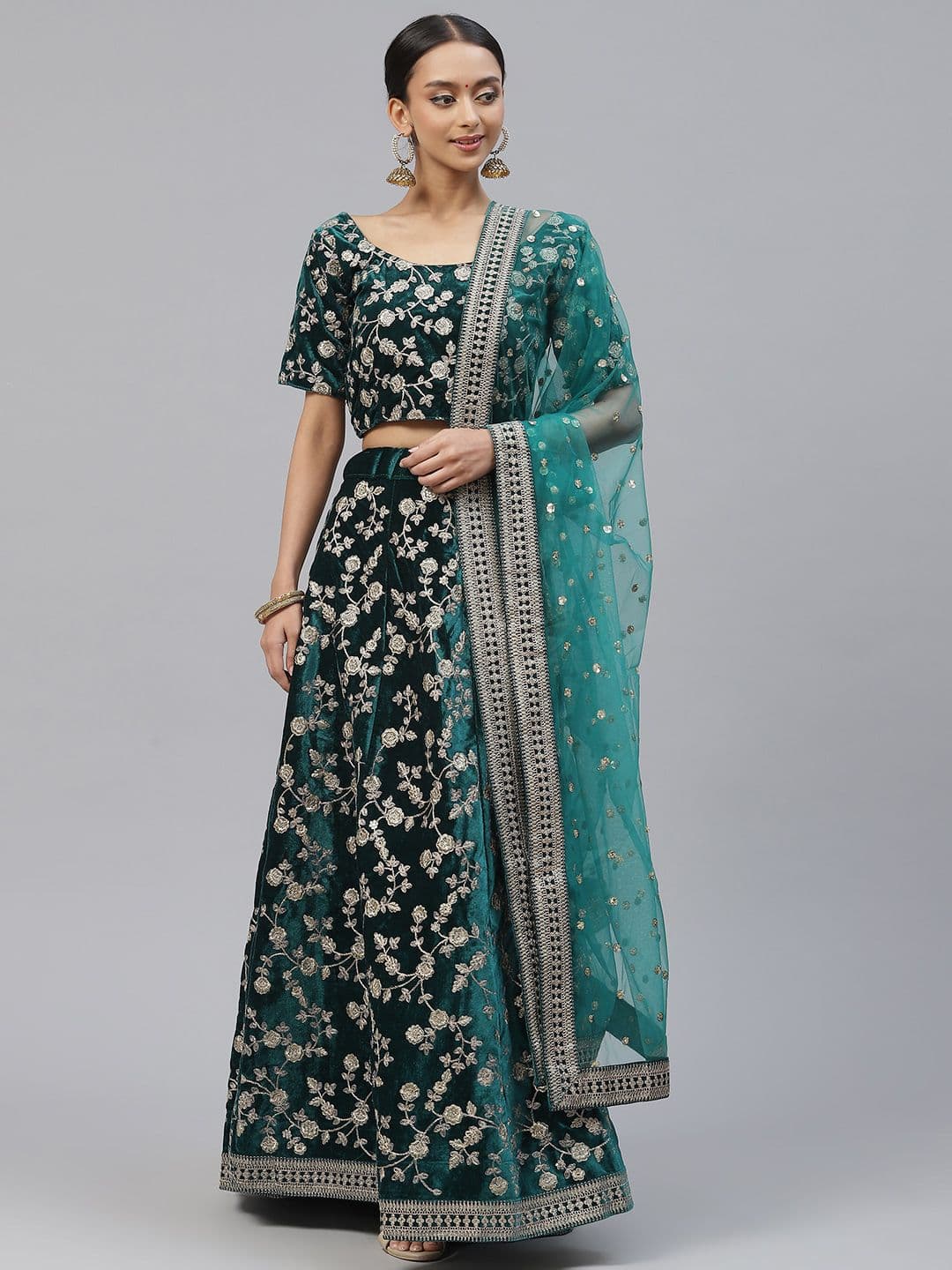 Teal Embroidered Sequinned Semi-Stitched Lehenga & Unstitched Blouse With