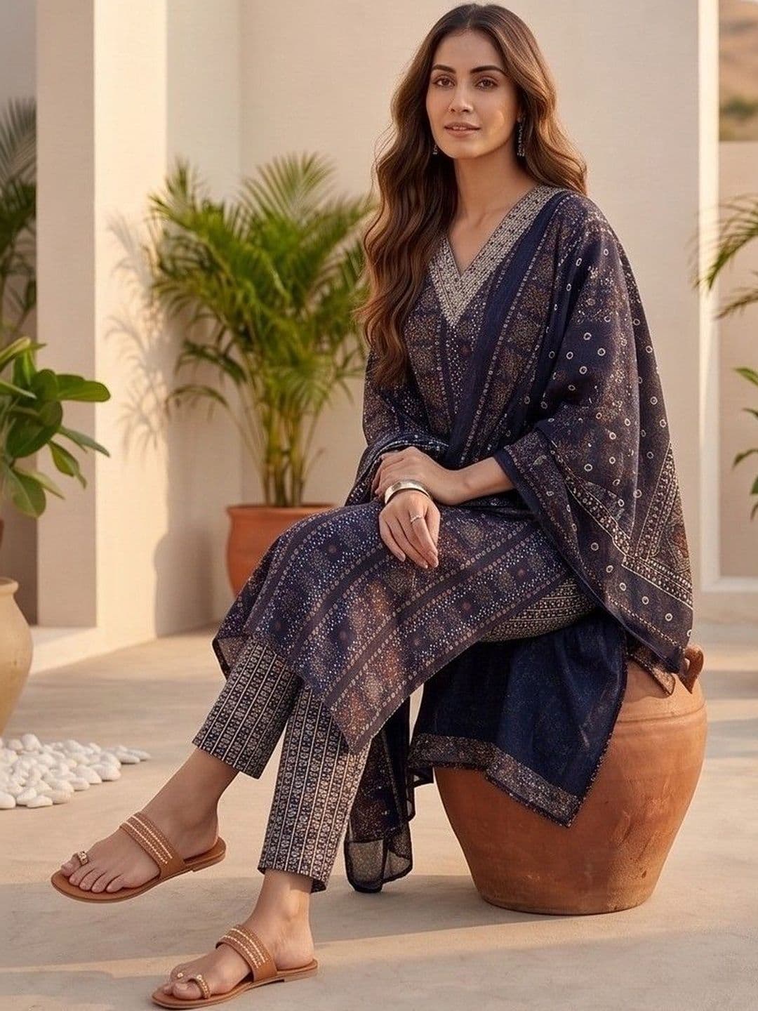 Women Ethnic Motifs Printed Regular Thread Work Kurta with Trousers & With Dupatta