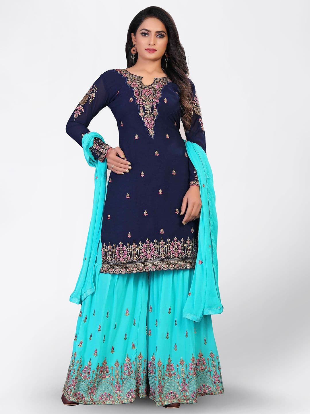 Blue & Pink Embroidered Unstitched Dress Material
