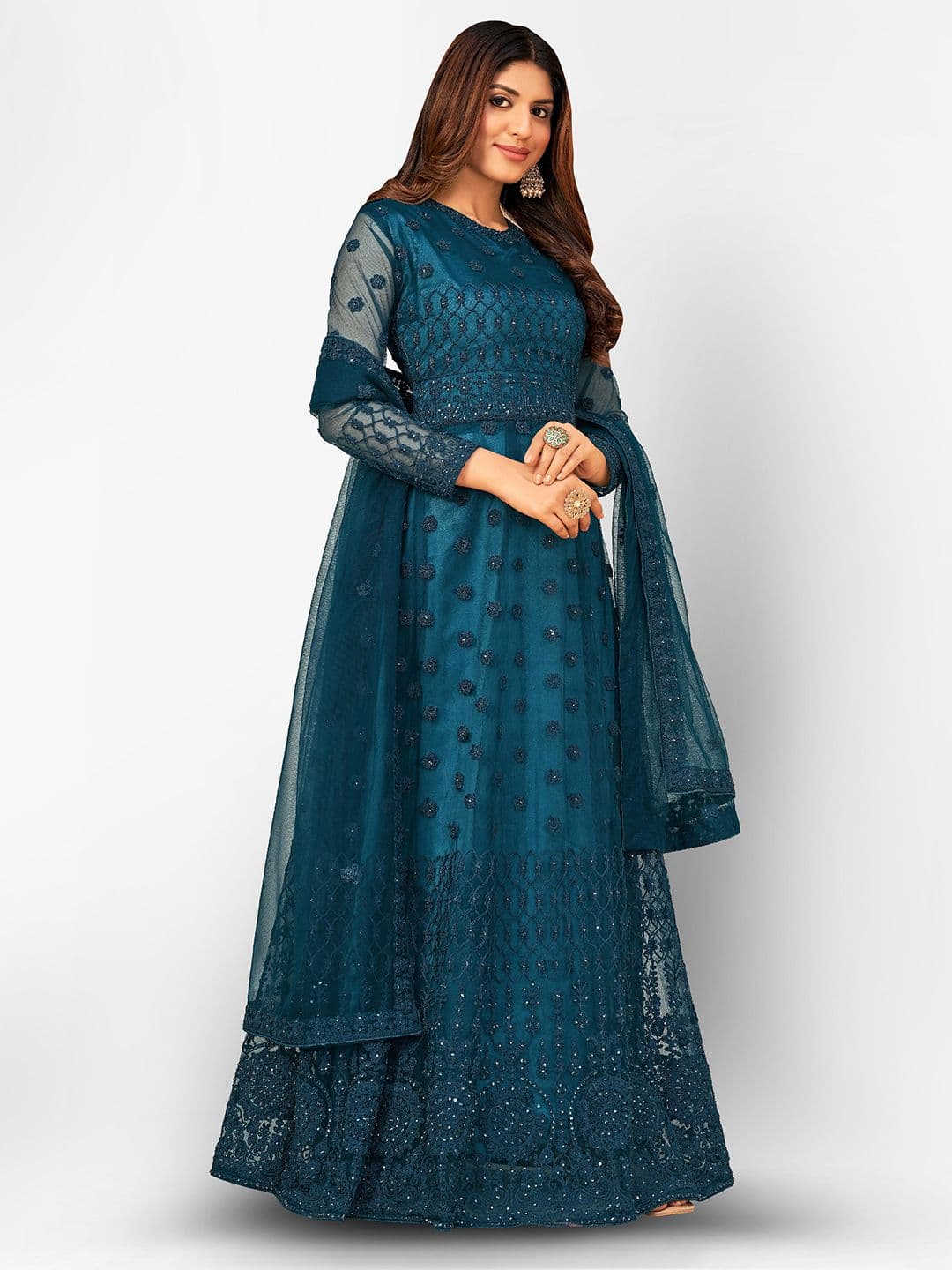Turquoise Blue Embroidered Unstitched Dress Material view 3