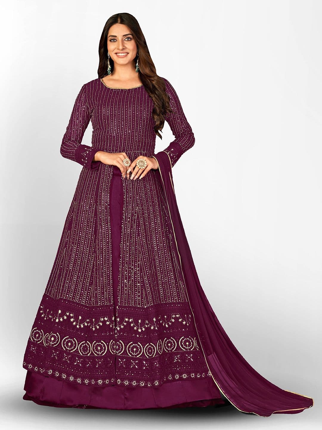 Striped Embellished Sequinned Semi-Stitched Dress Material