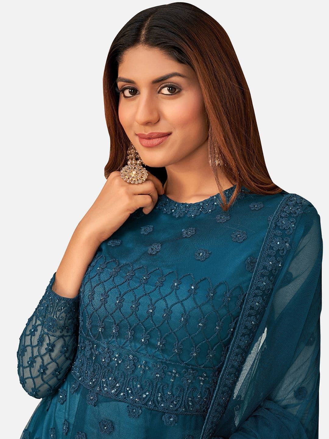 Turquoise Blue Embroidered Unstitched Dress Material view 2