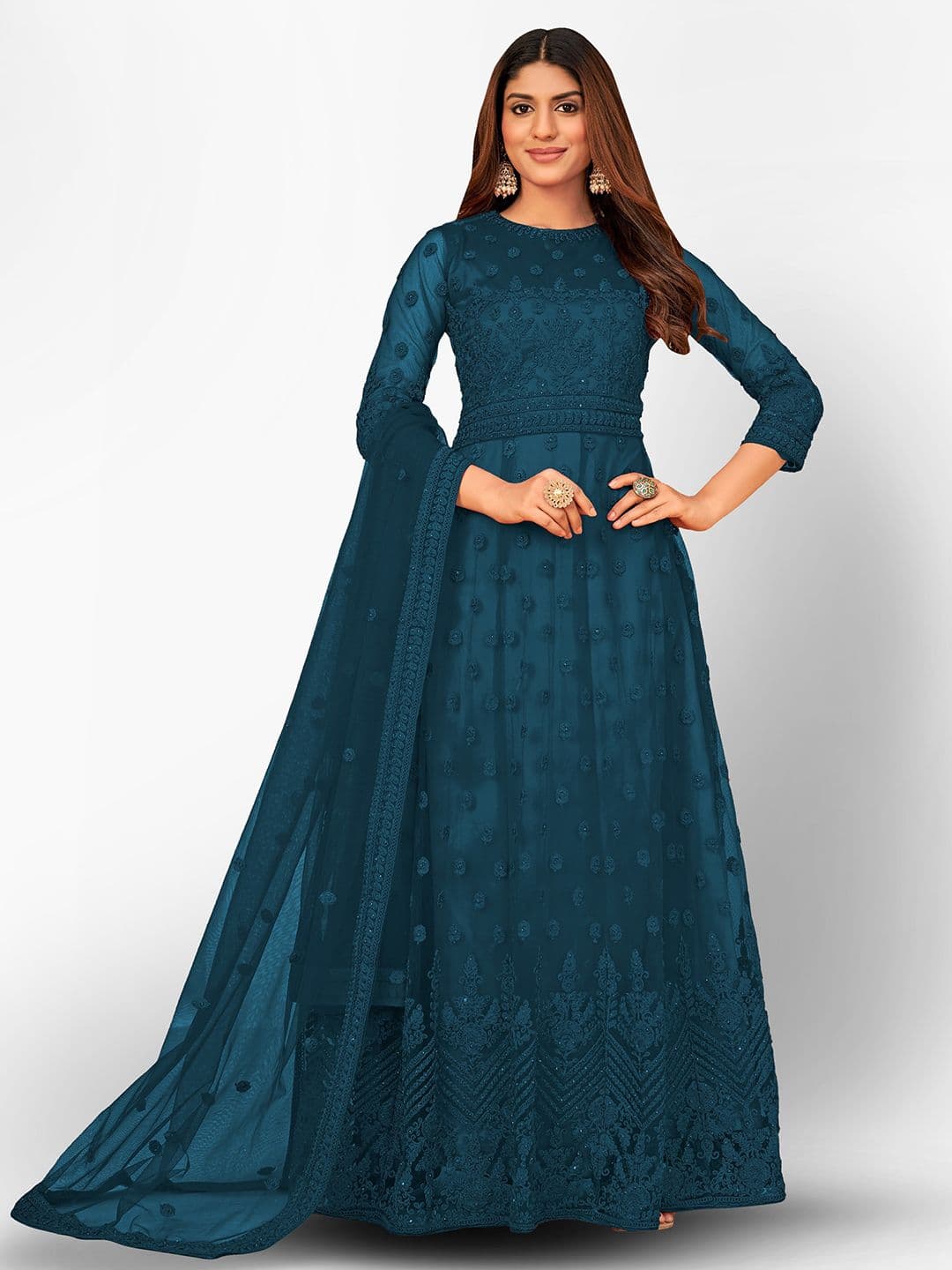 Turquoise Blue Embroidered Unstitched Dress Material