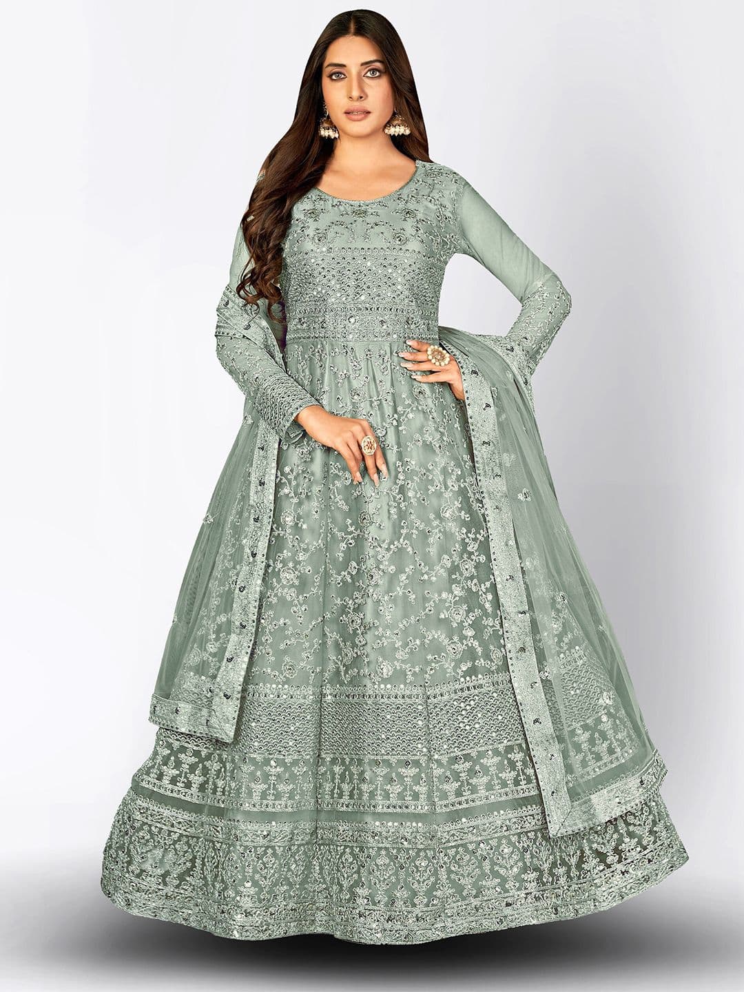 Grey Embellished Sequined Semi-Stitched Dress Material