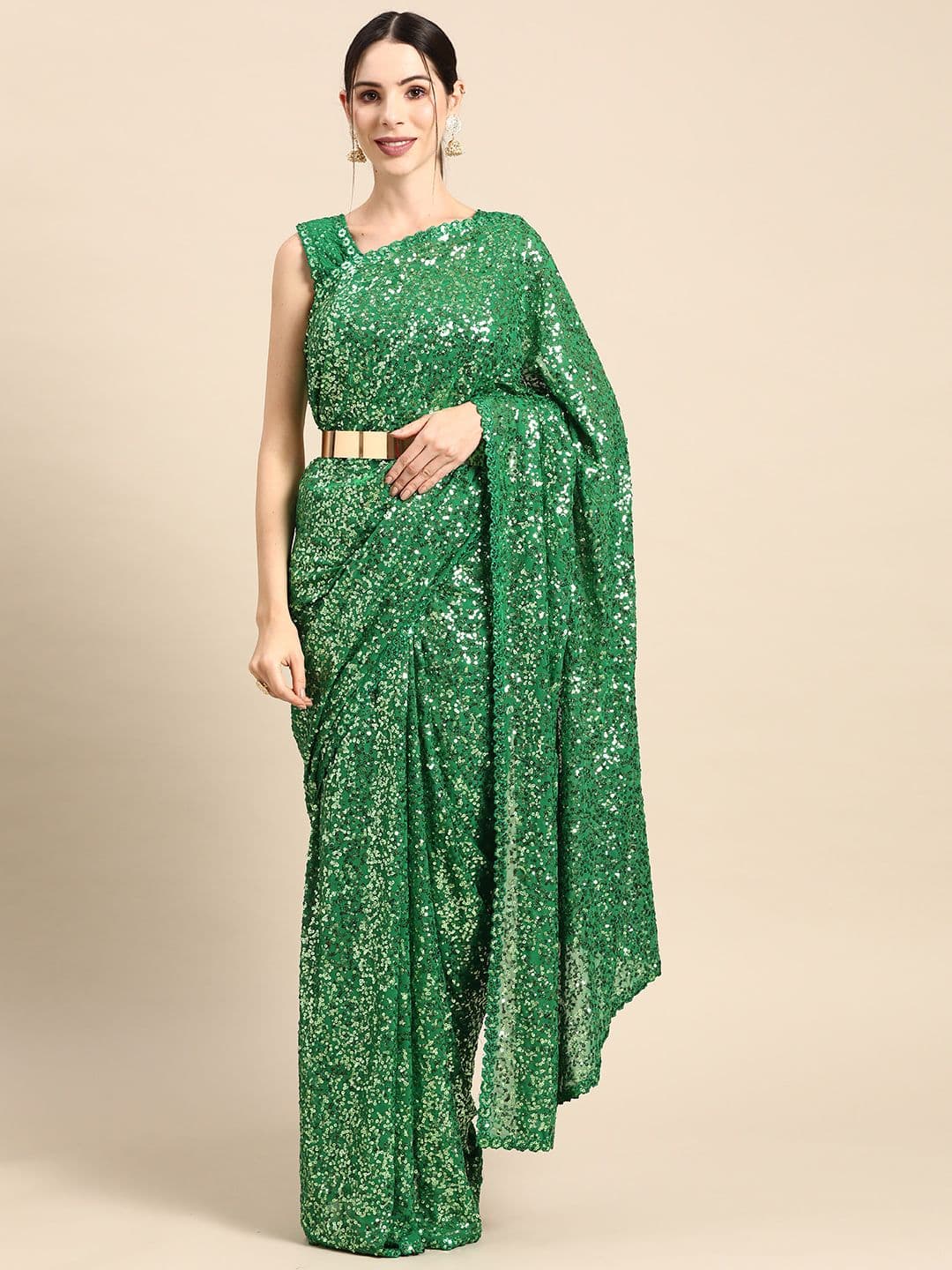 Embellished Sequinned Saree Green