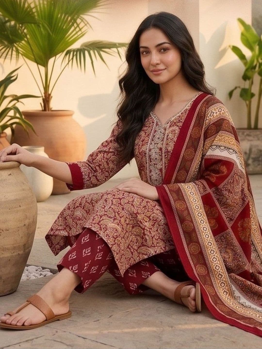 Women Ethnic Motifs Printed Regular Thread Work Kurta with Trousers & With Dupatta view 2