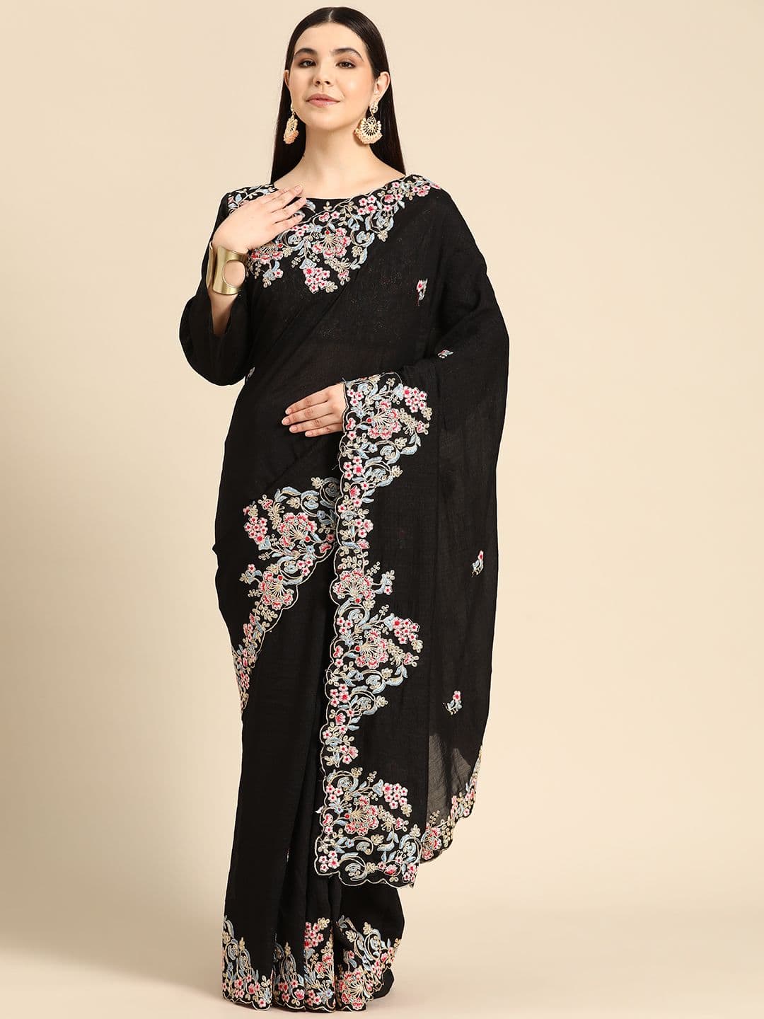 Floral Embroidered Saree Black