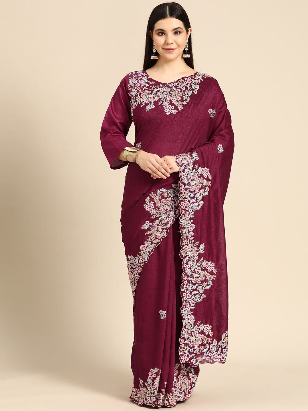 Floral Embroidered Saree Purple