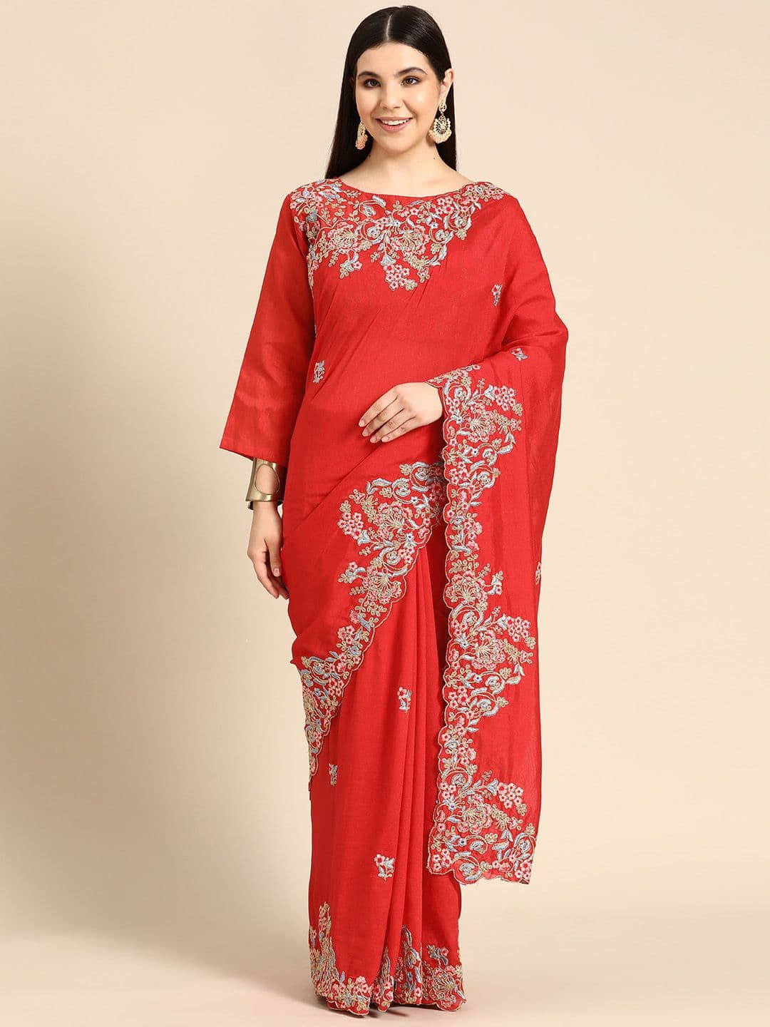Floral Embroidered Saree Red
