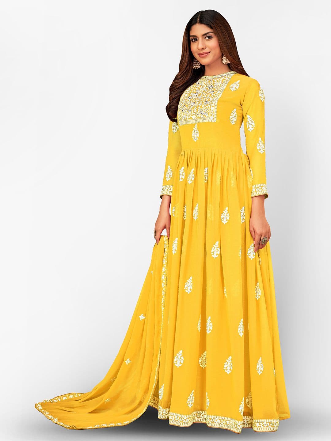 Yellow & White Embroidered Unstitched Dress Material view 4