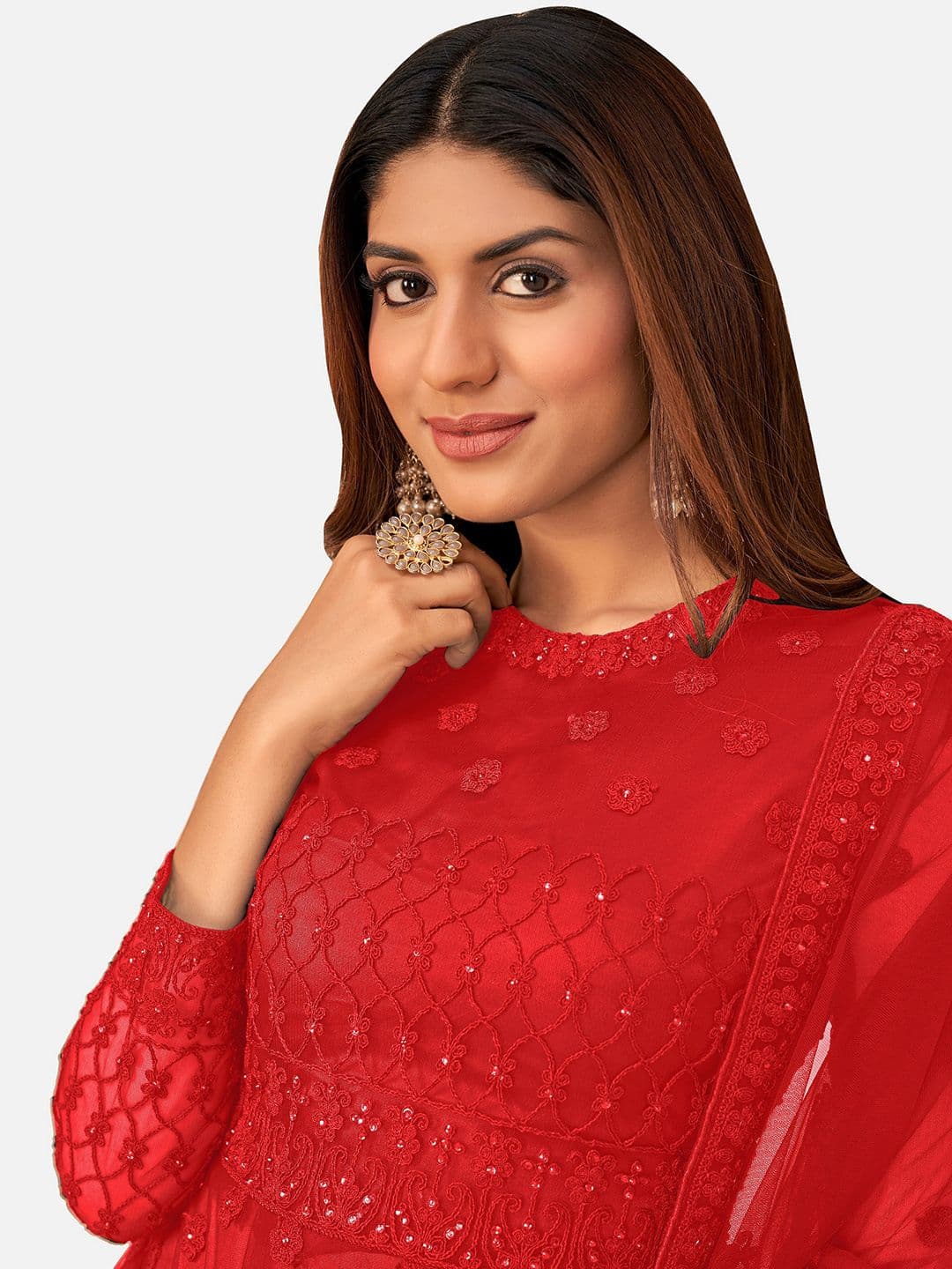 Red & Orange Embroidered Unstitched Dress Material view 2
