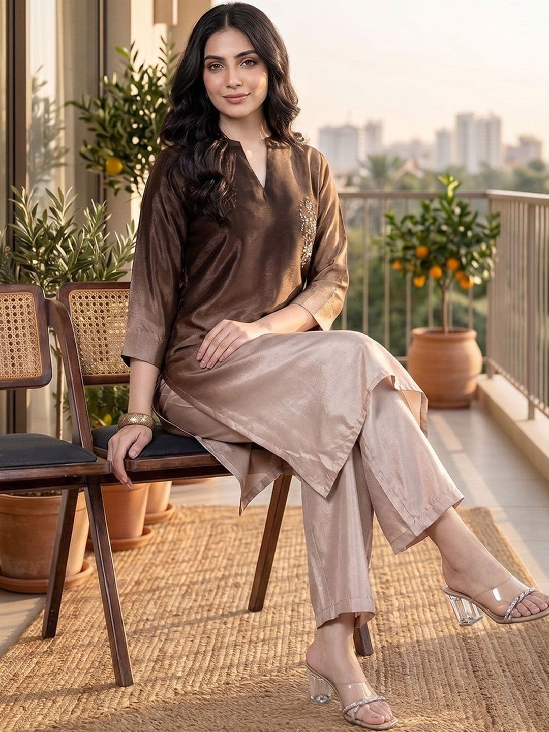 Women Ombre Dyed Regular Beads and Stones Kurta with Palazzos view 4