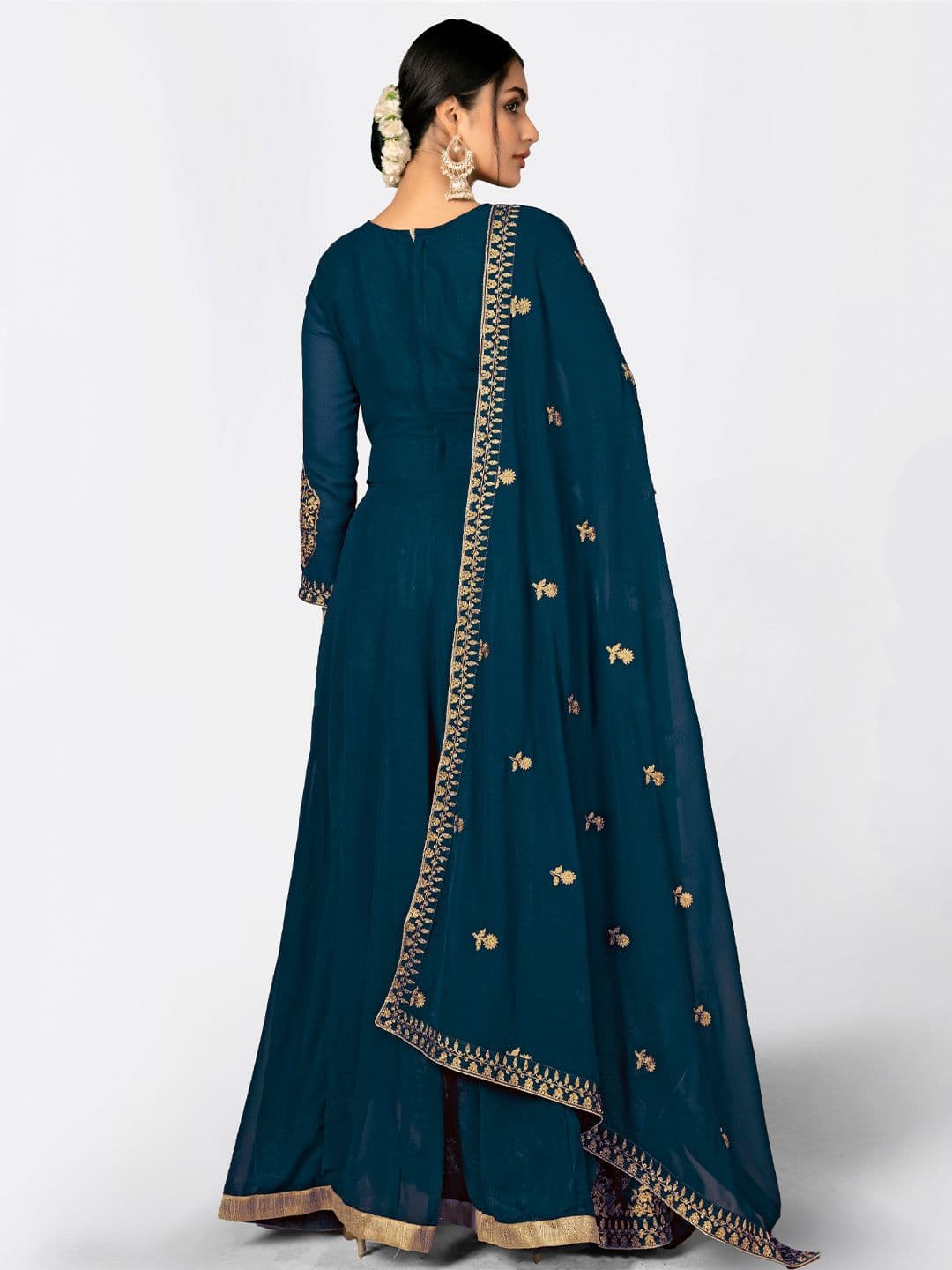 Turquoise Blue & Gold-Toned Embroidered Semi-Stitched Dress Material view 4