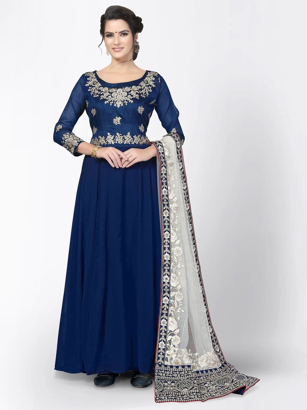 Blue & White Embroidered Unstitched Dress Material view 6