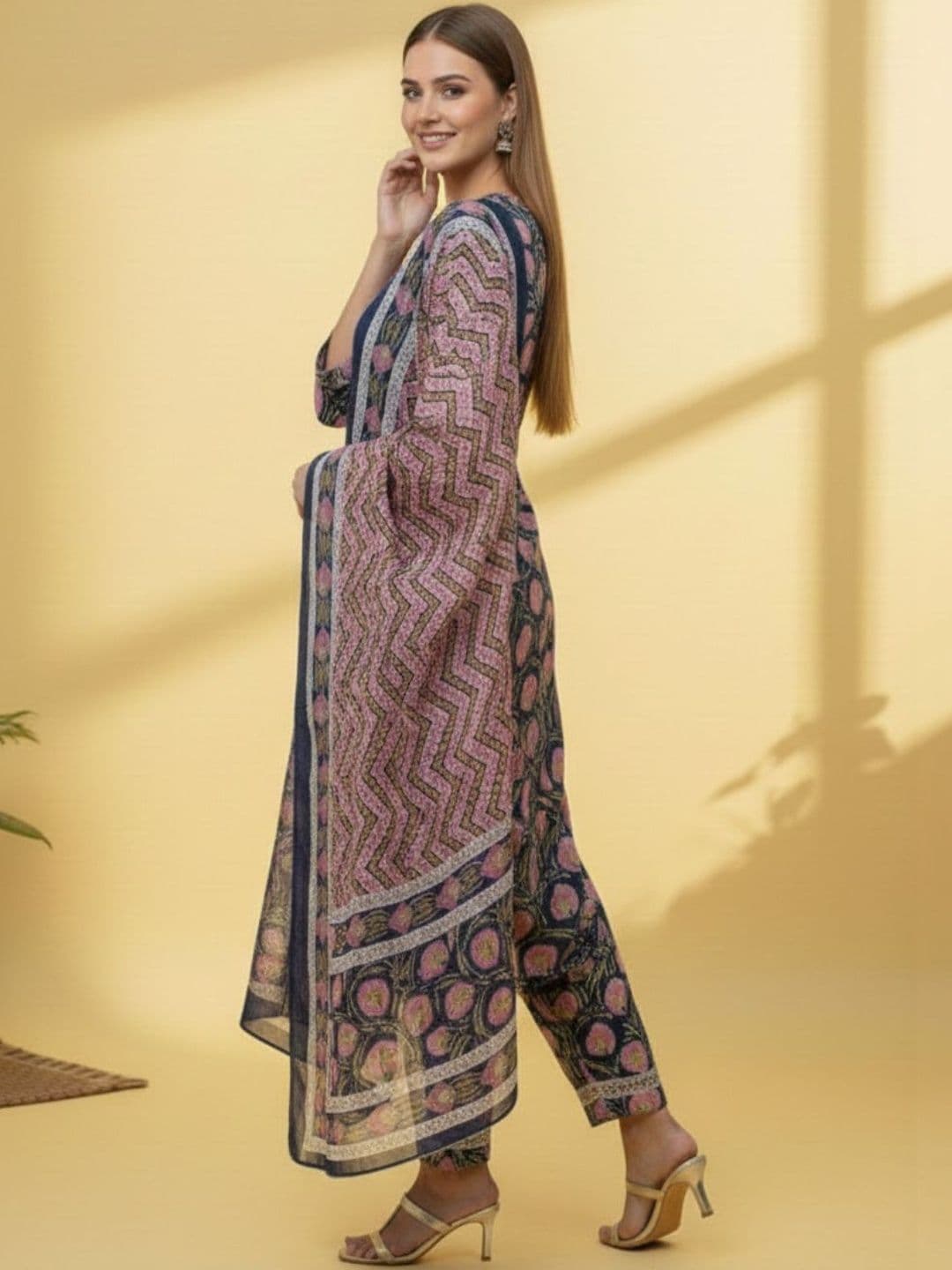 Women Floral Printed Regular Kurta with Trousers & With Dupatta view 2