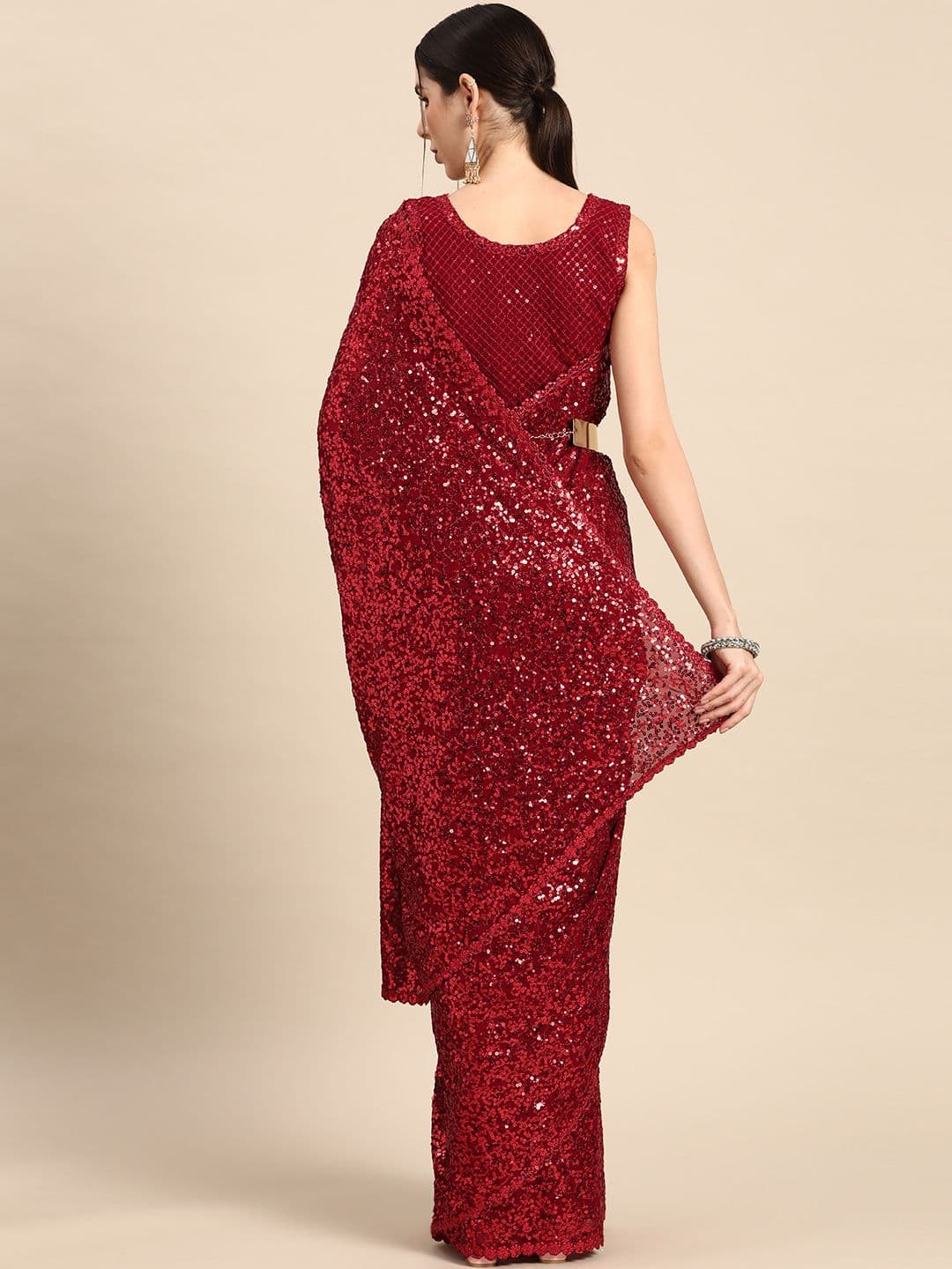 Embellished Sequinned Saree Red view 2