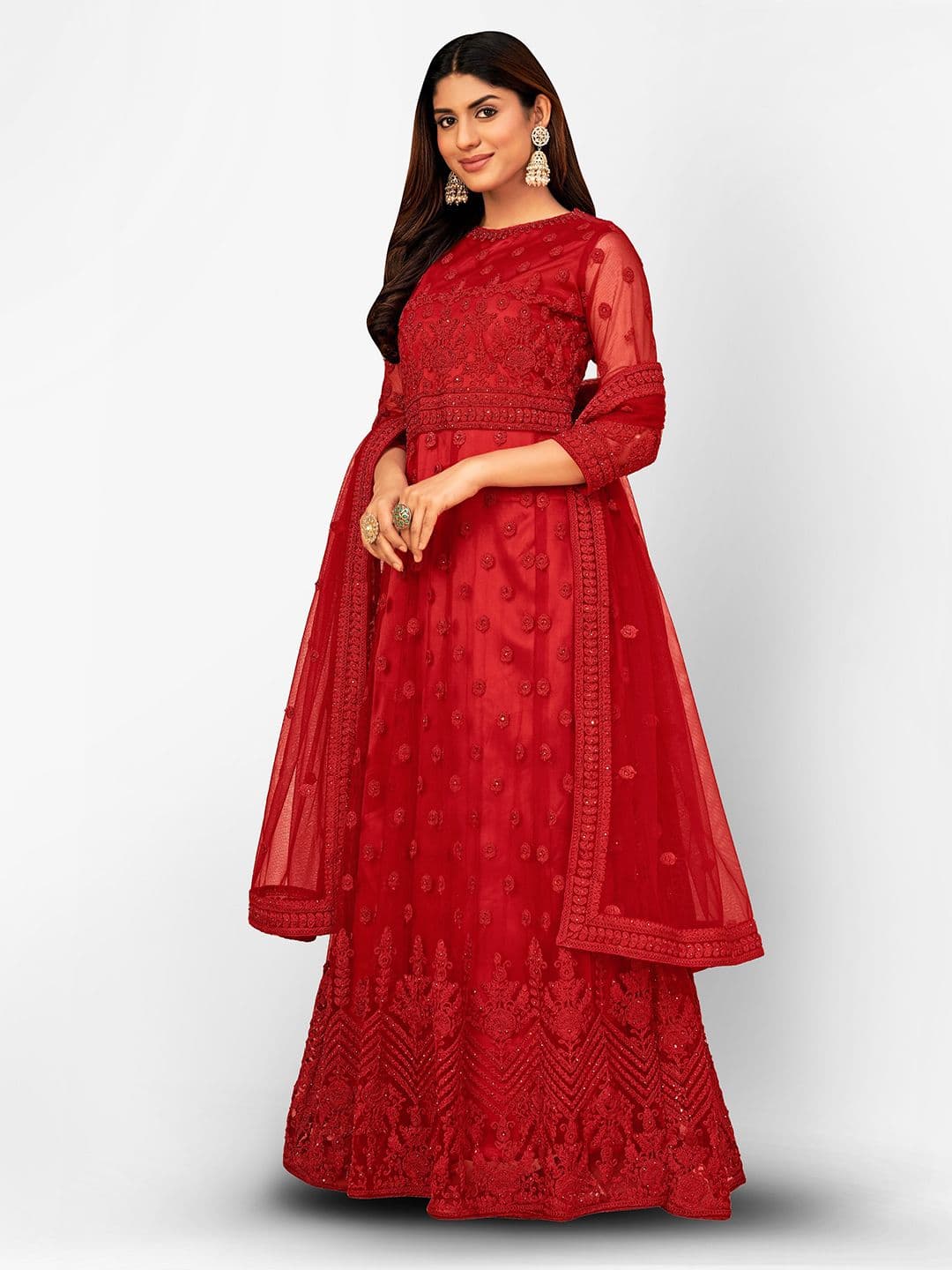 Red Embroidered Unstitched Dress Material view 4