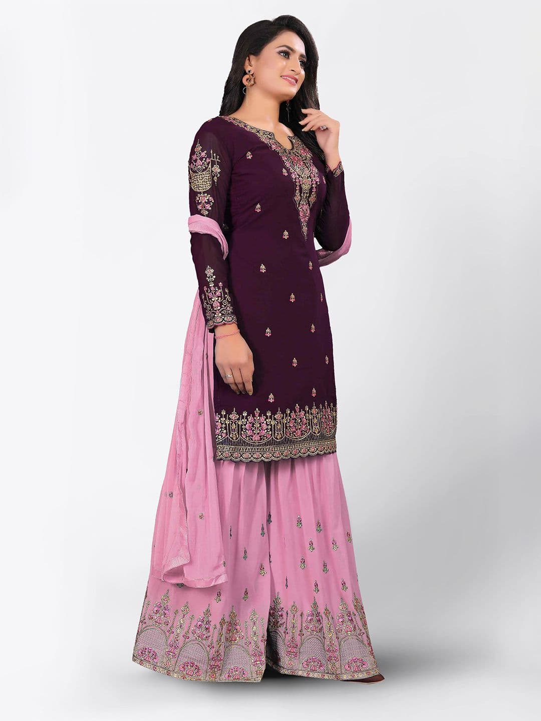 Purple & Pink Embroidered Unstitched Dress Material view 2
