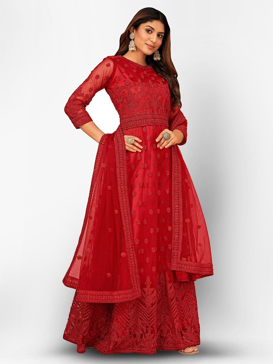 Red Embroidered Unstitched Dress Material view 3