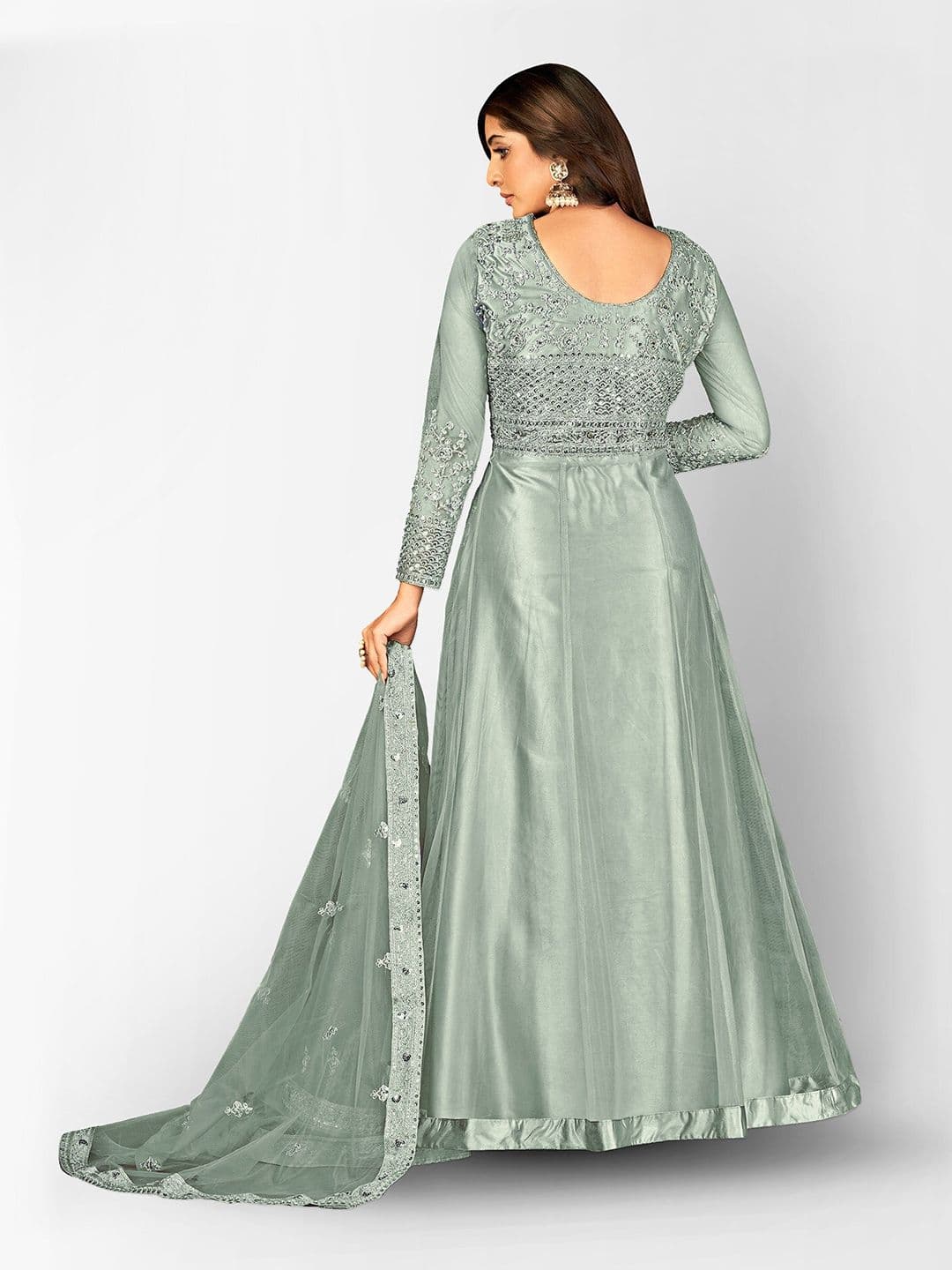 Grey Embellished Sequined Semi-Stitched Dress Material view 5