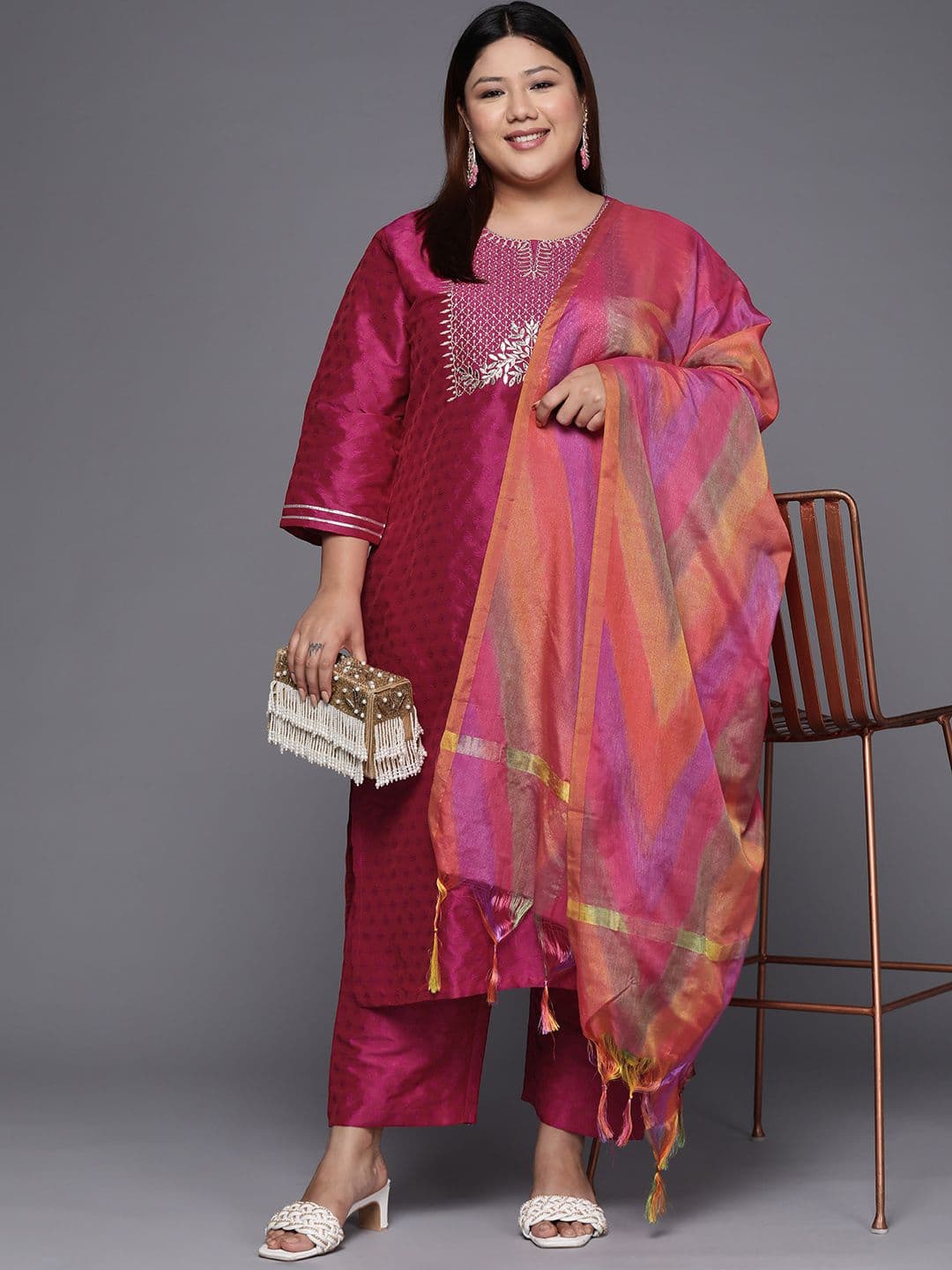 Women Magenta Floral Embroidered Kurta with Trousers & Dupatta view 8