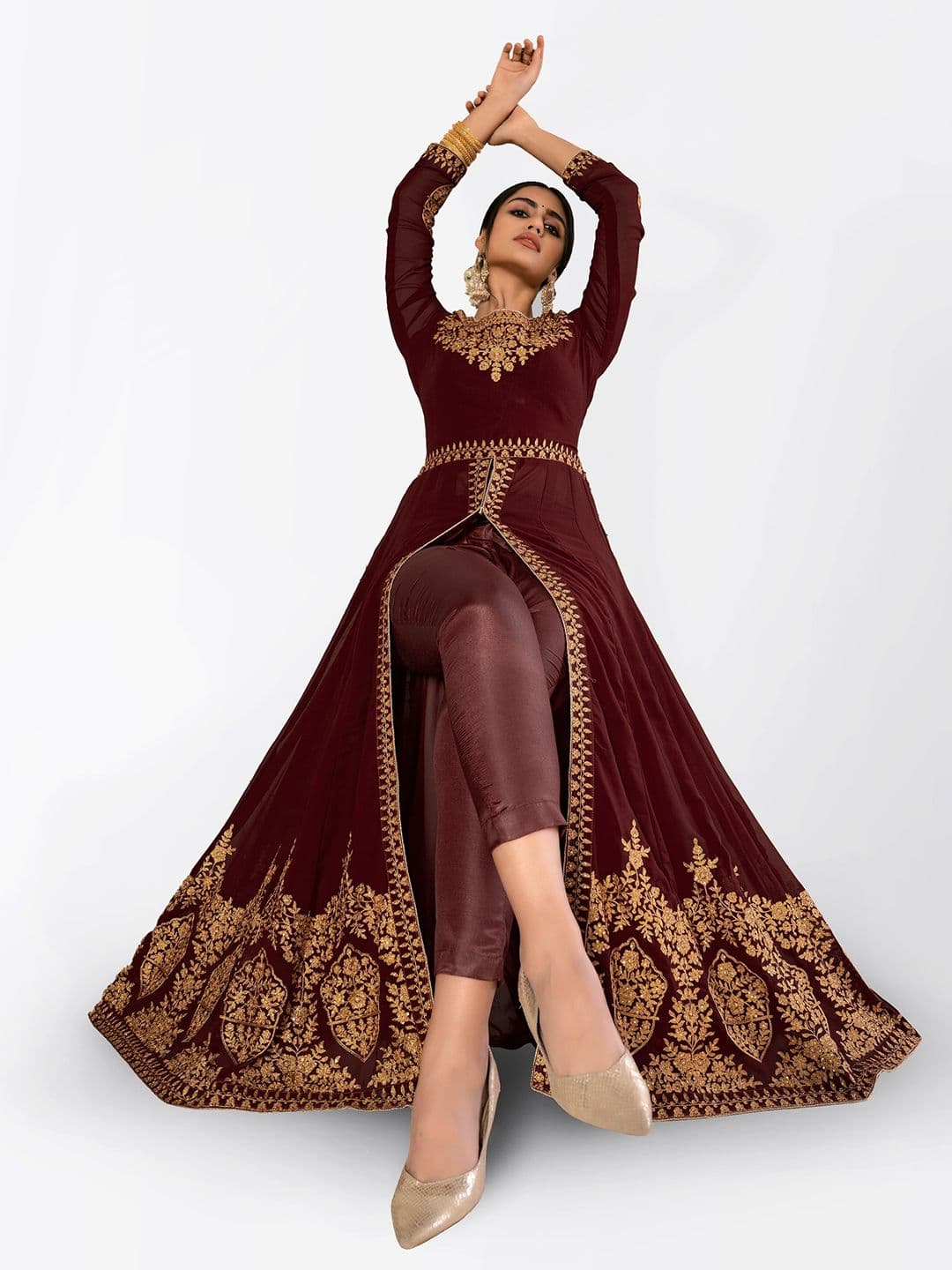 Maroon & Gold-Toned Embroidered Unstitched Dress Material view 6