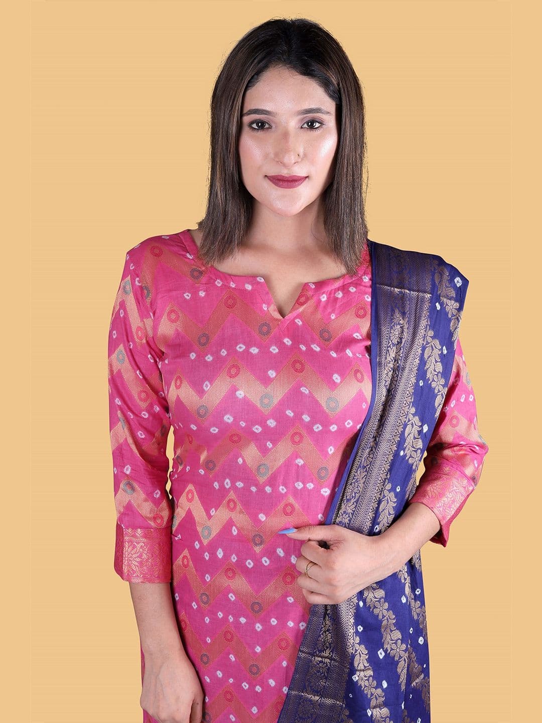Women Pink & Blue Pure Cotton Unstitched Dress Material view 5