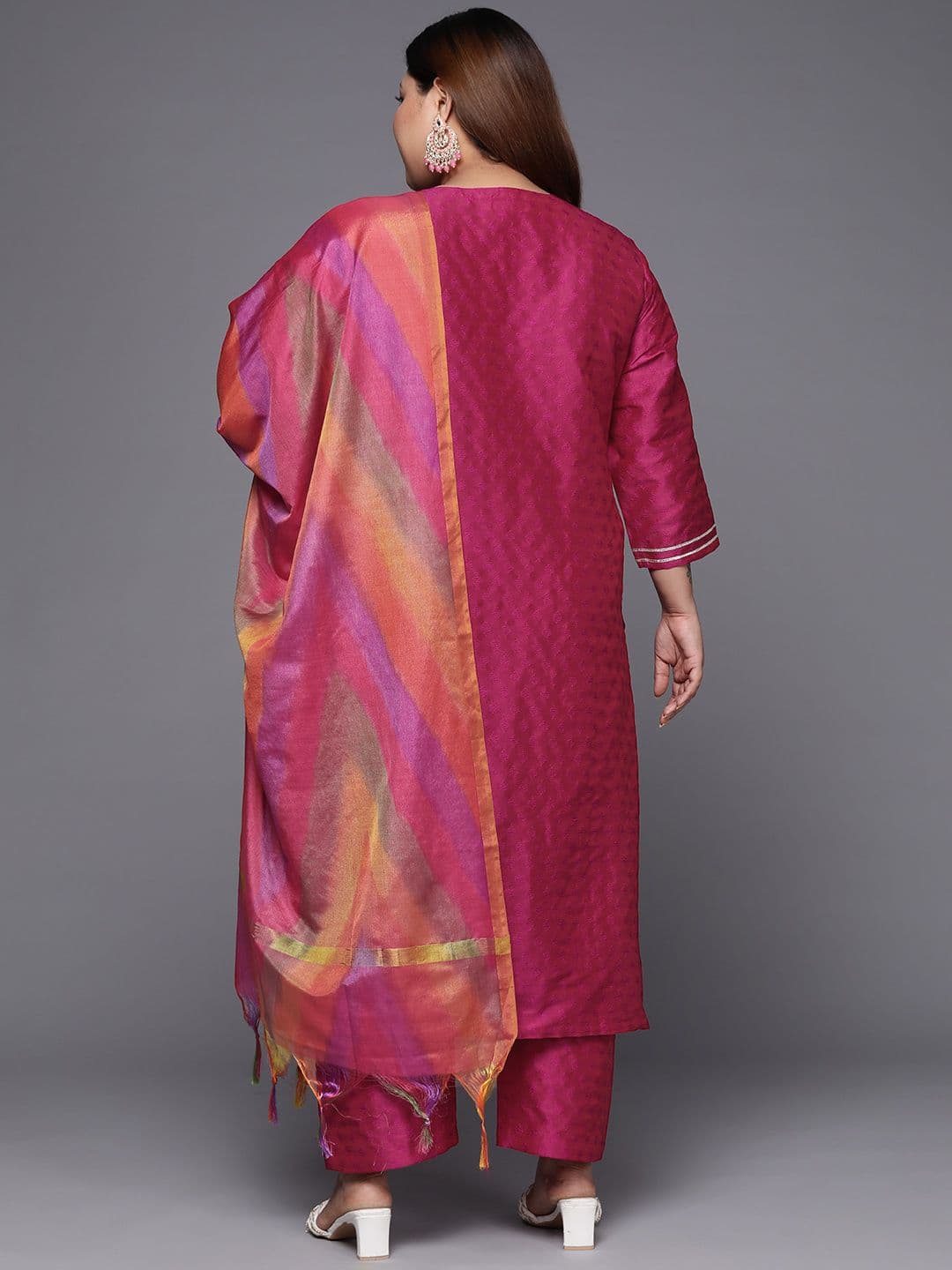 Women Magenta Floral Embroidered Kurta with Trousers & Dupatta view 7