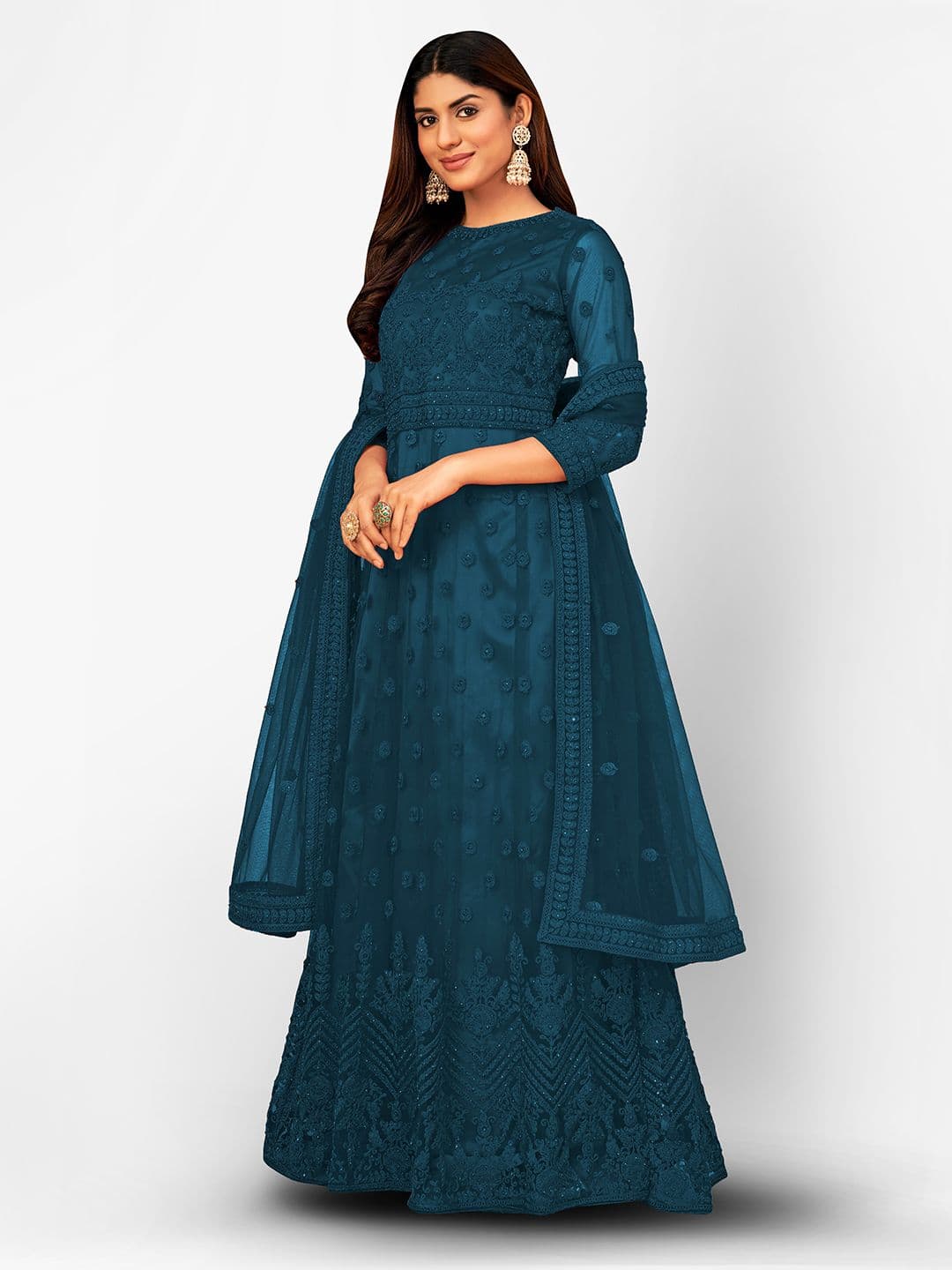 Turquoise Blue Embroidered Unstitched Dress Material view 4
